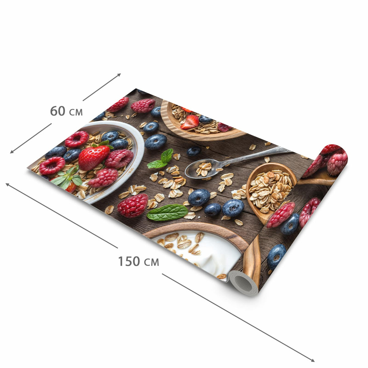 Küchenteppich mit Motiv Beeriges Müsli in der Grösse 80x300 cm für sichere Aufbewahrung