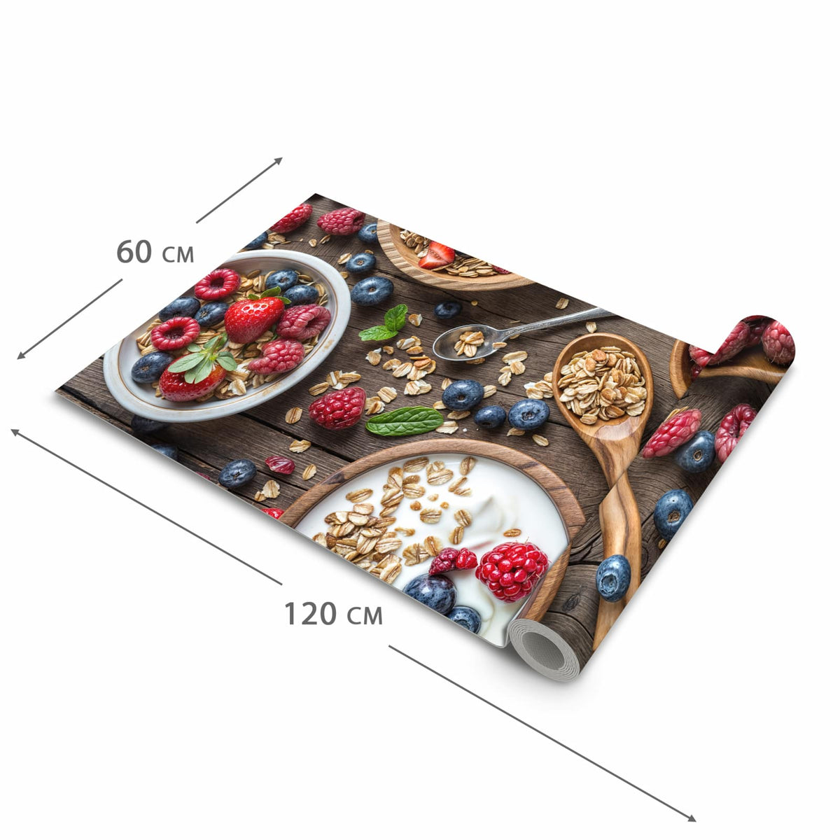 Formstabiler Küchenläufer mit Motiv Beeriges Müsli in der Grösse 80x280 cm