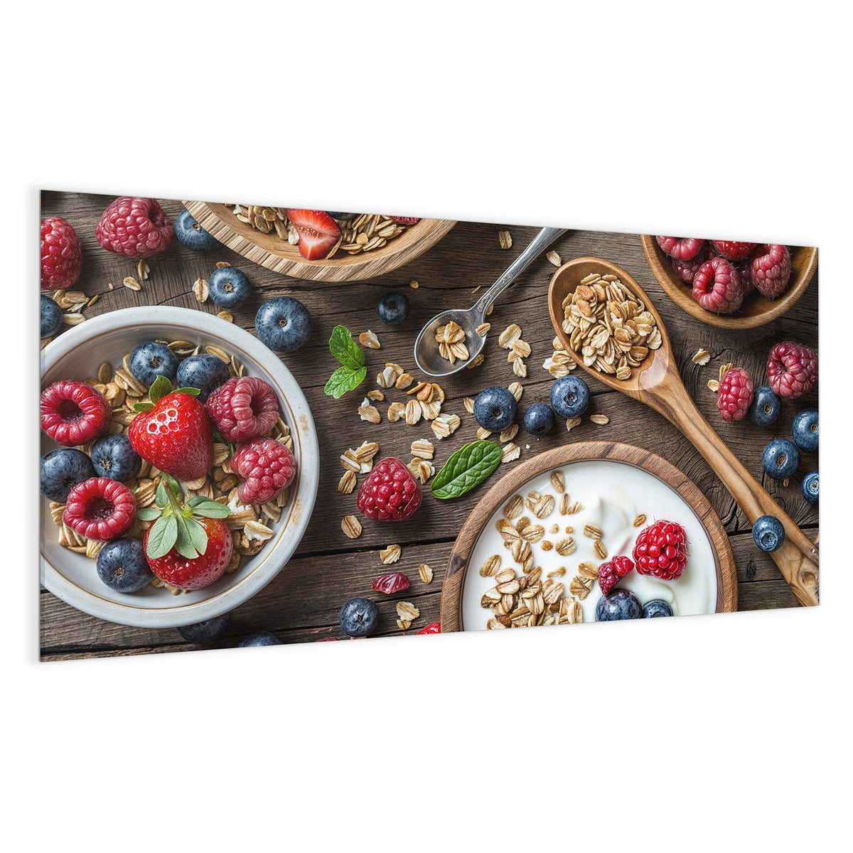 Schale mit Joghurt, Haferflocken, Himbeeren und Blaubeeren, Holzlöffel auf Holztisch