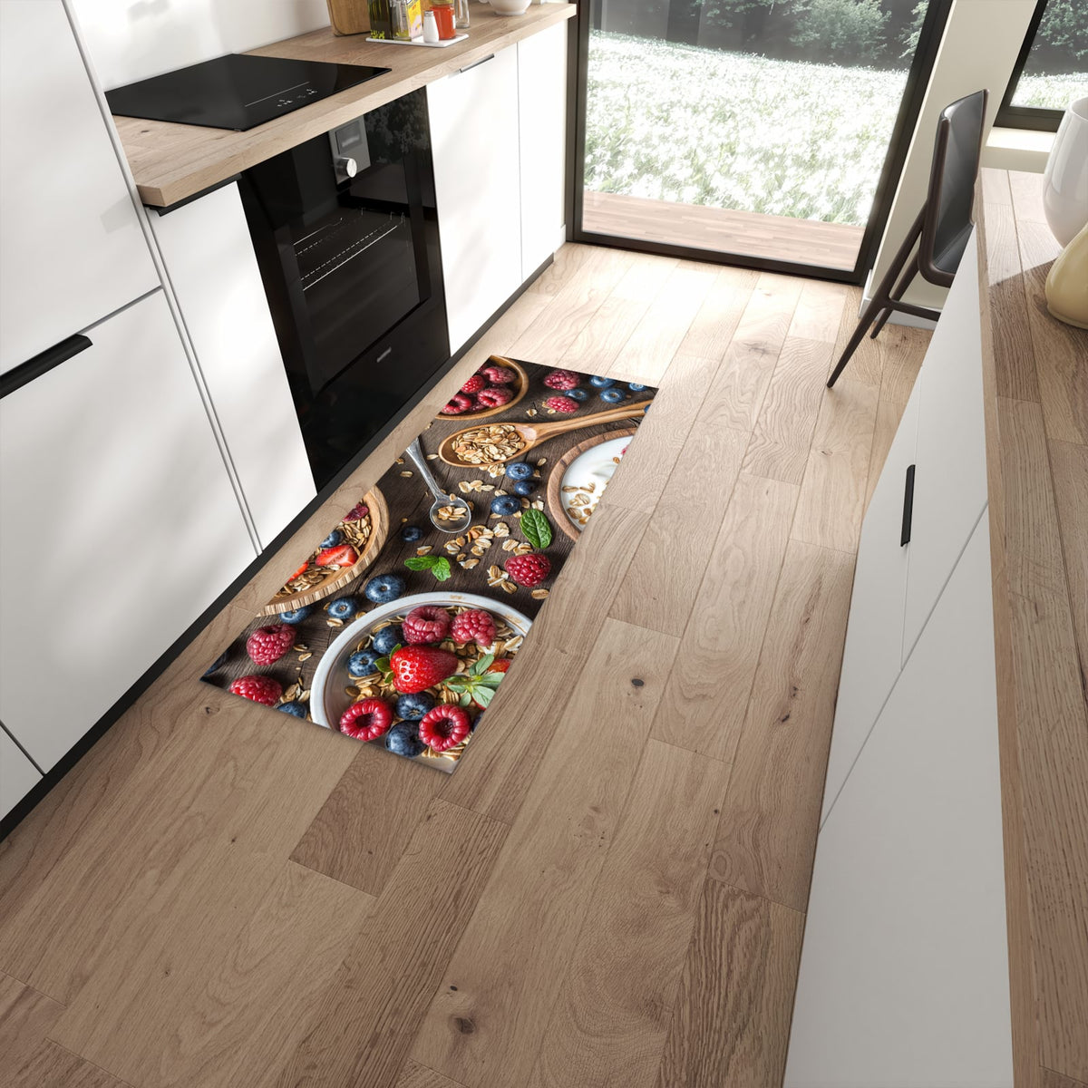Zeitsparender Küchenläufer nach Maß mit Motiv Beeriges Müsli in moderner Küche #grösse_60 x 150 cm