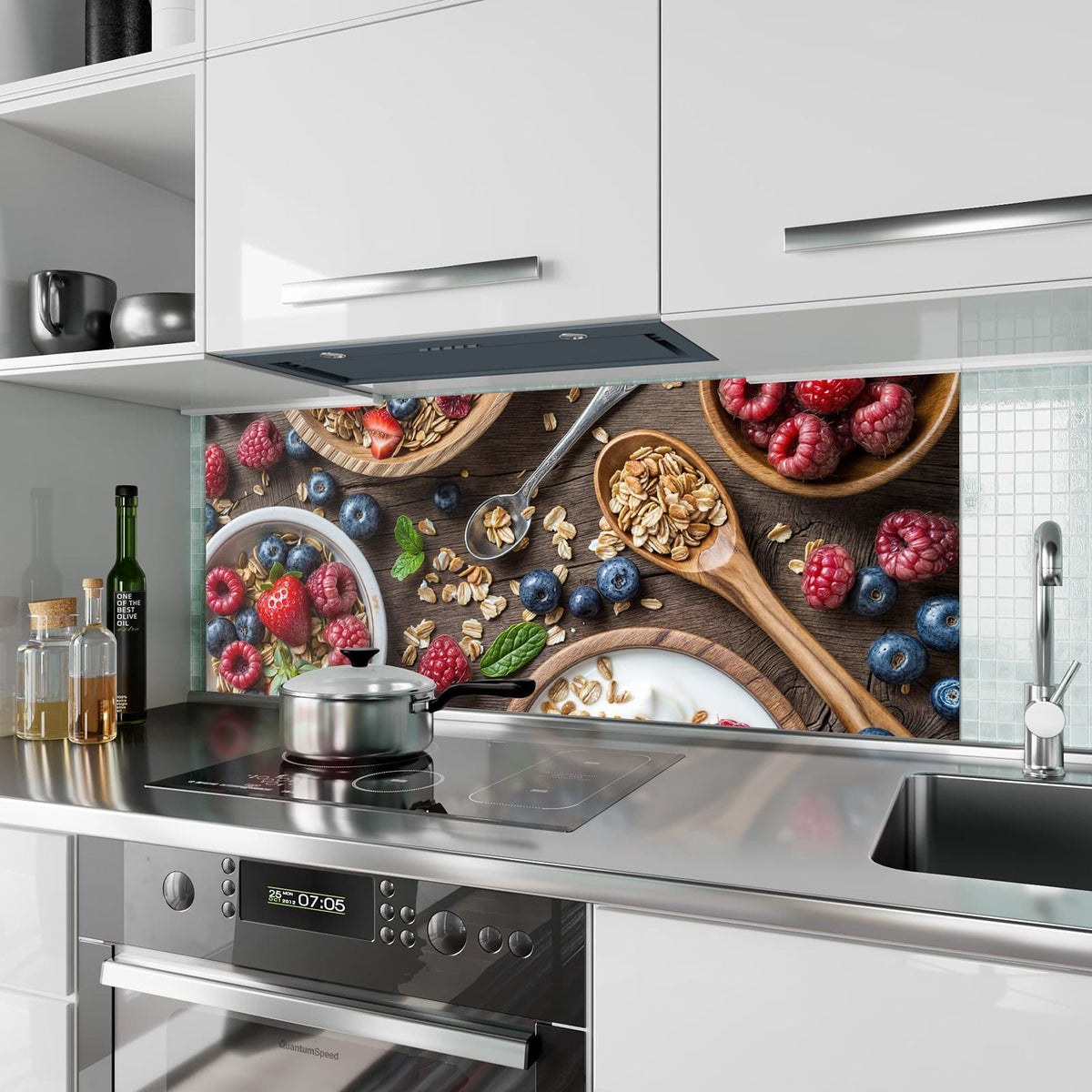 Küchenrückwand aus Glas Joghurt mit Beeren im Hochformat als Spritzschutz hinter dem Kochfeld, über dem Fliesenspiegel montiert