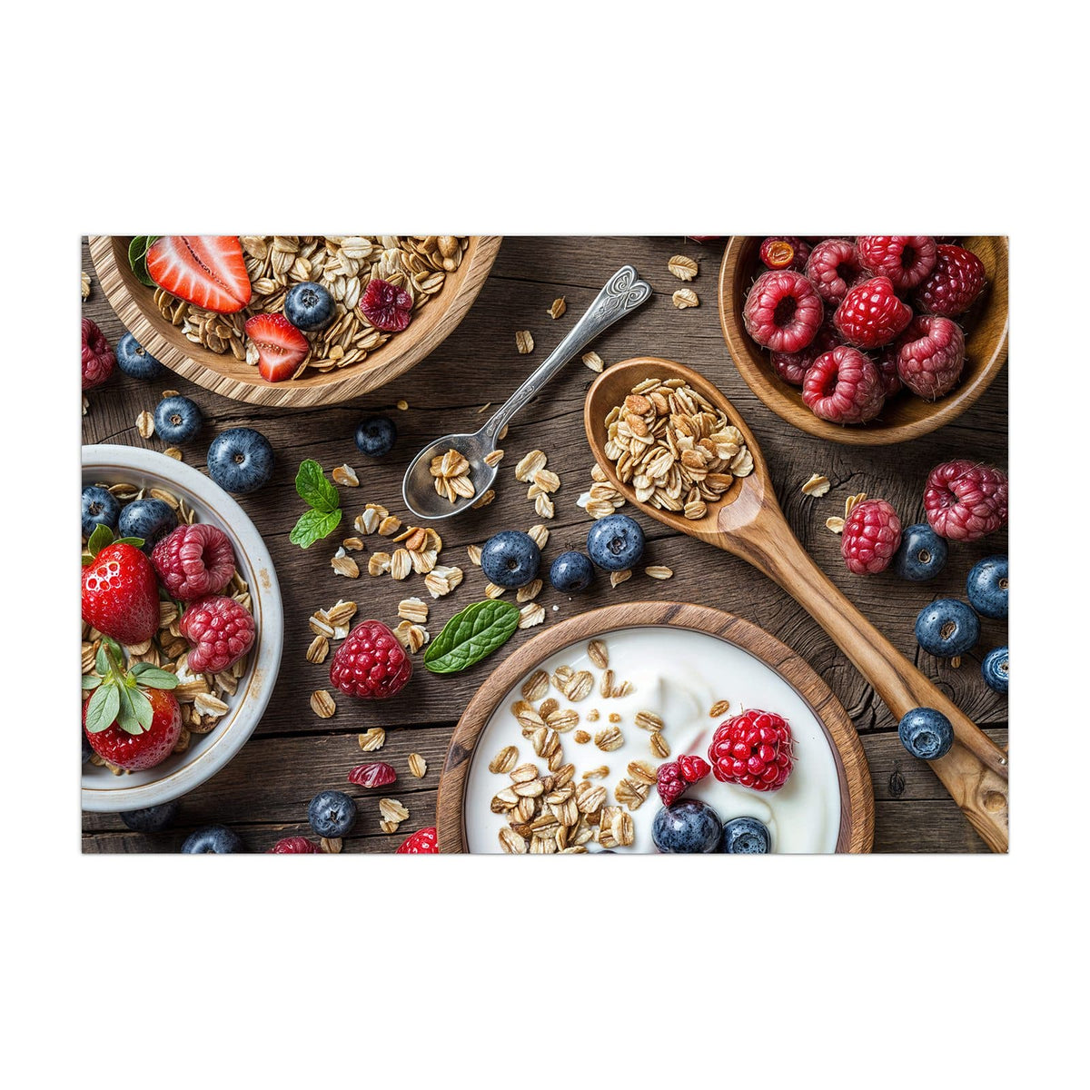 Küchenrückwand aus Glas Joghurt mit Beeren im Hochformat, Motiv bildfüllend von vorn
