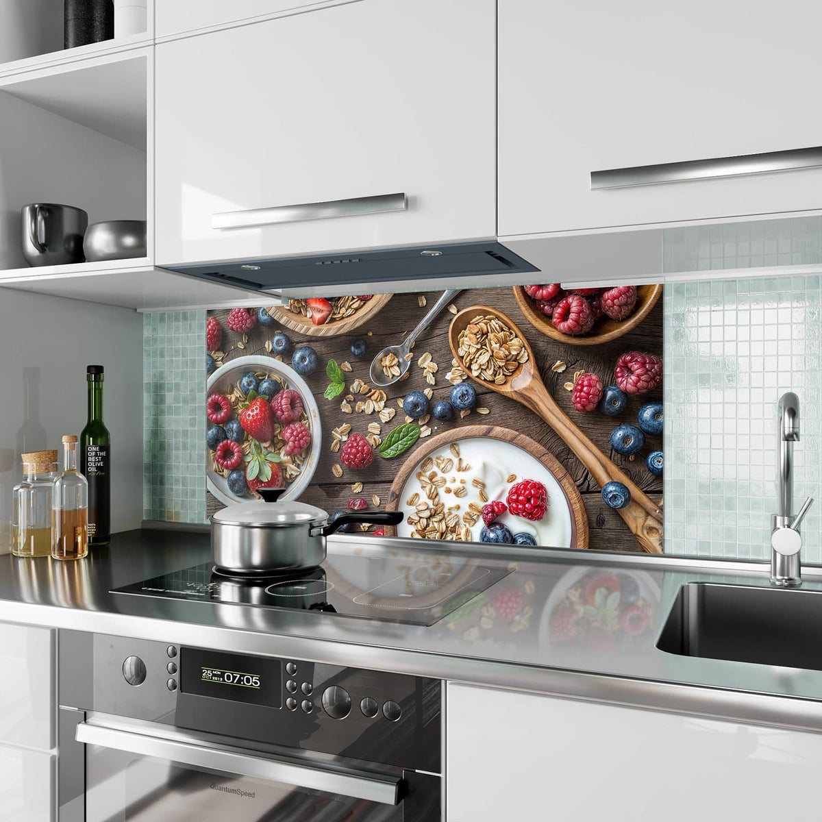 Küchenrückwand aus Glas Joghurt mit Beeren im Hochformat als Spritzschutz hinter dem Kochfeld, über dem Fliesenspiegel montiert