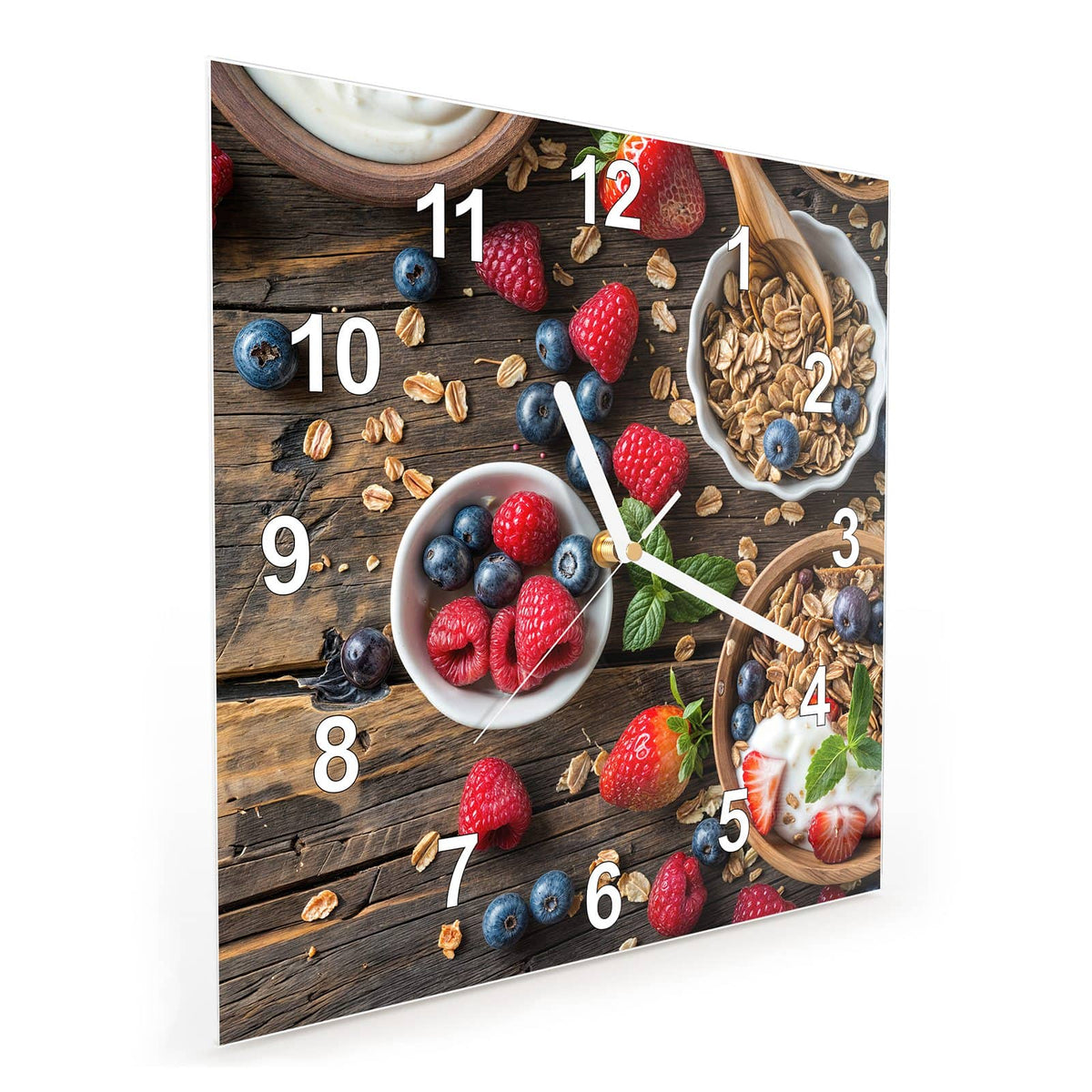 Vormontiert – mit Schwebeeffekt – Wanduhr Frühstück Müsli aus Glas – Quadratisch 30 × 30 cm