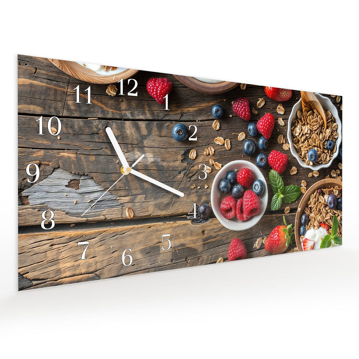 Vormontiert – mit Schwebeeffekt – Wanduhr Frühstück Müsli aus Glas – Querformat 60 × 30 cm