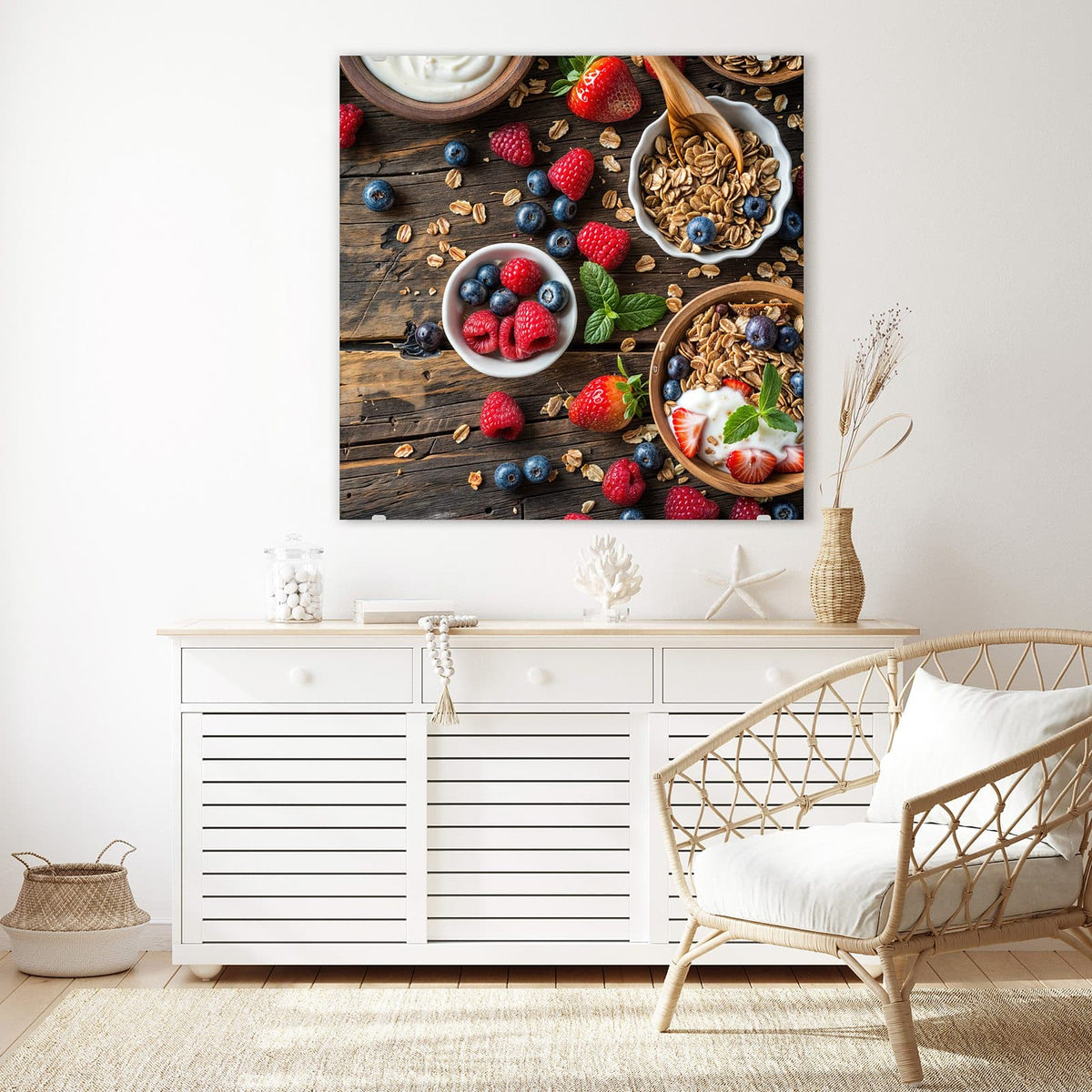 Echtglas, 4 mm – kein Acryl, keine Folie – Wandbild - Müsli und Joghurt - Quadratisch