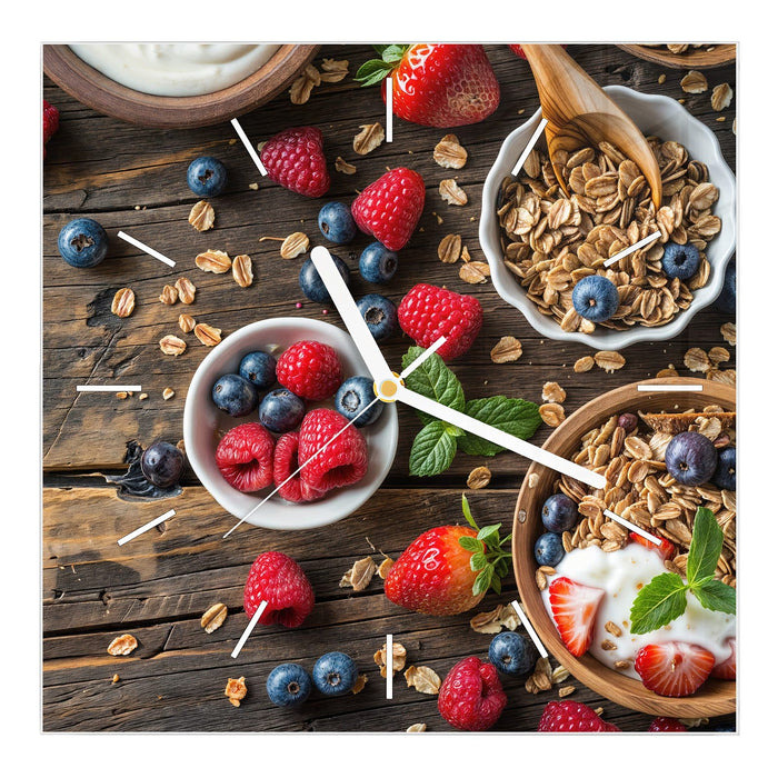 Wanduhr Frühstück Müsli aus Glas – Quadratisch 30 × 30 cm mit Ziffernblatt Linie