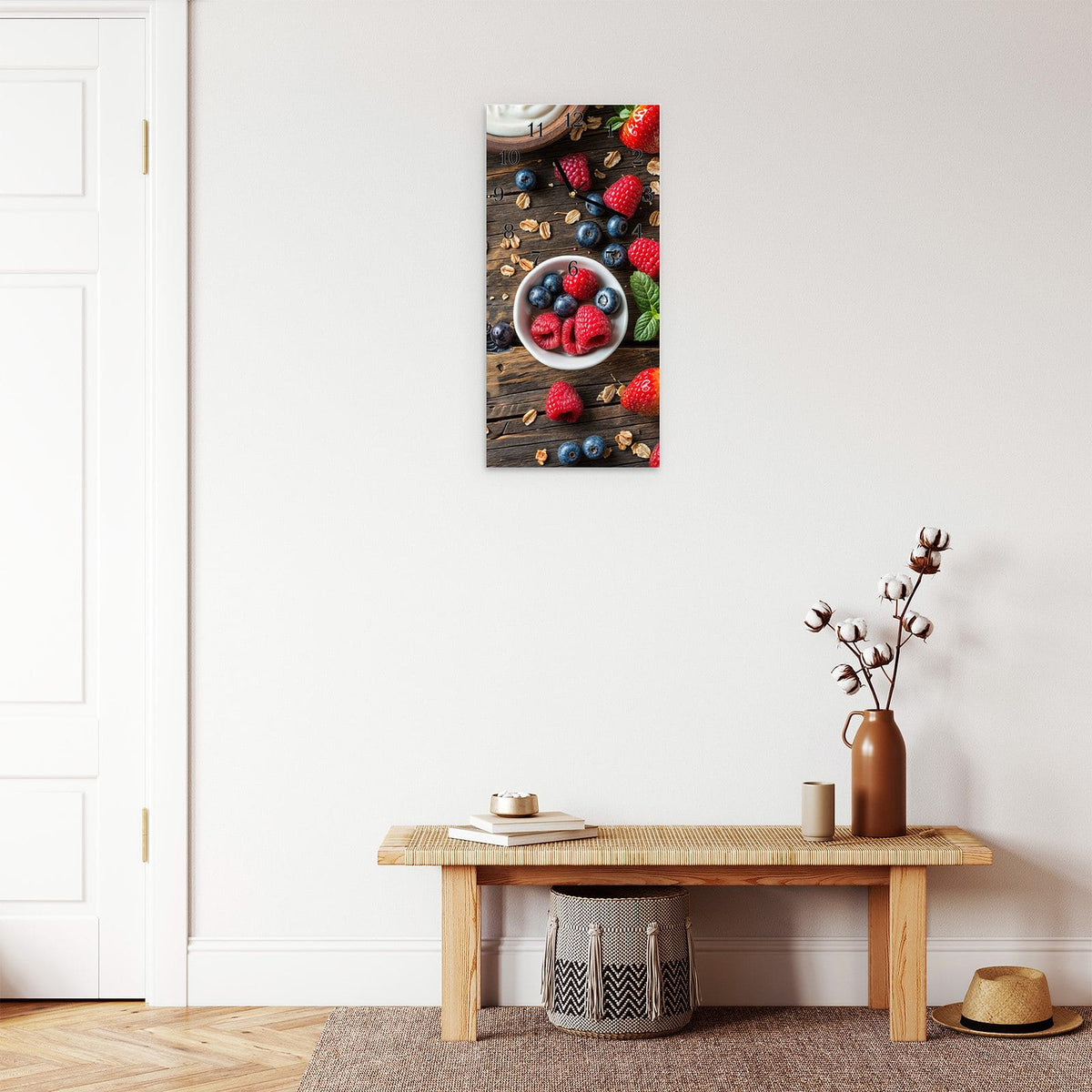 Moderne Wanduhr aus Glas mit Farbtiefe – Wanduhr Frühstück Müsli aus Glas – Hochformat 30 × 60 cm