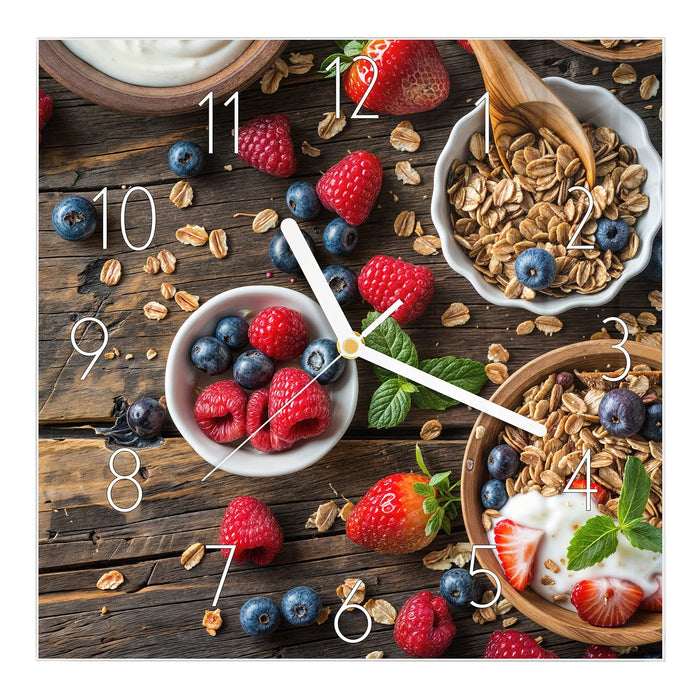 Wanduhr Frühstück Müsli aus Glas – Quadratisch 30 × 30 cm mit Ziffernblatt Elegant
