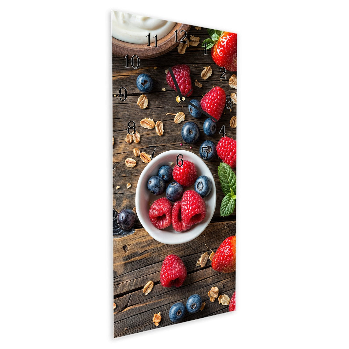 Vormontiert – mit Schwebeeffekt – Wanduhr Frühstück Müsli aus Glas – Hochformat 30 × 60 cm