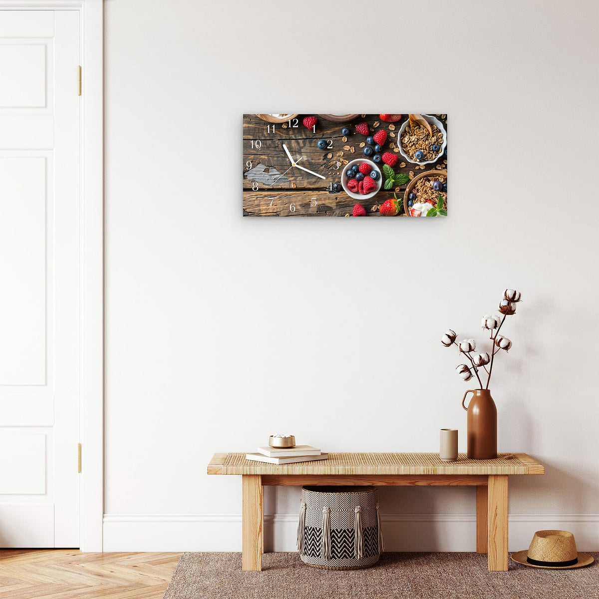 Moderne Wanduhr aus Glas mit Farbtiefe – Wanduhr Frühstück Müsli aus Glas – Querformat 60 × 30 cm