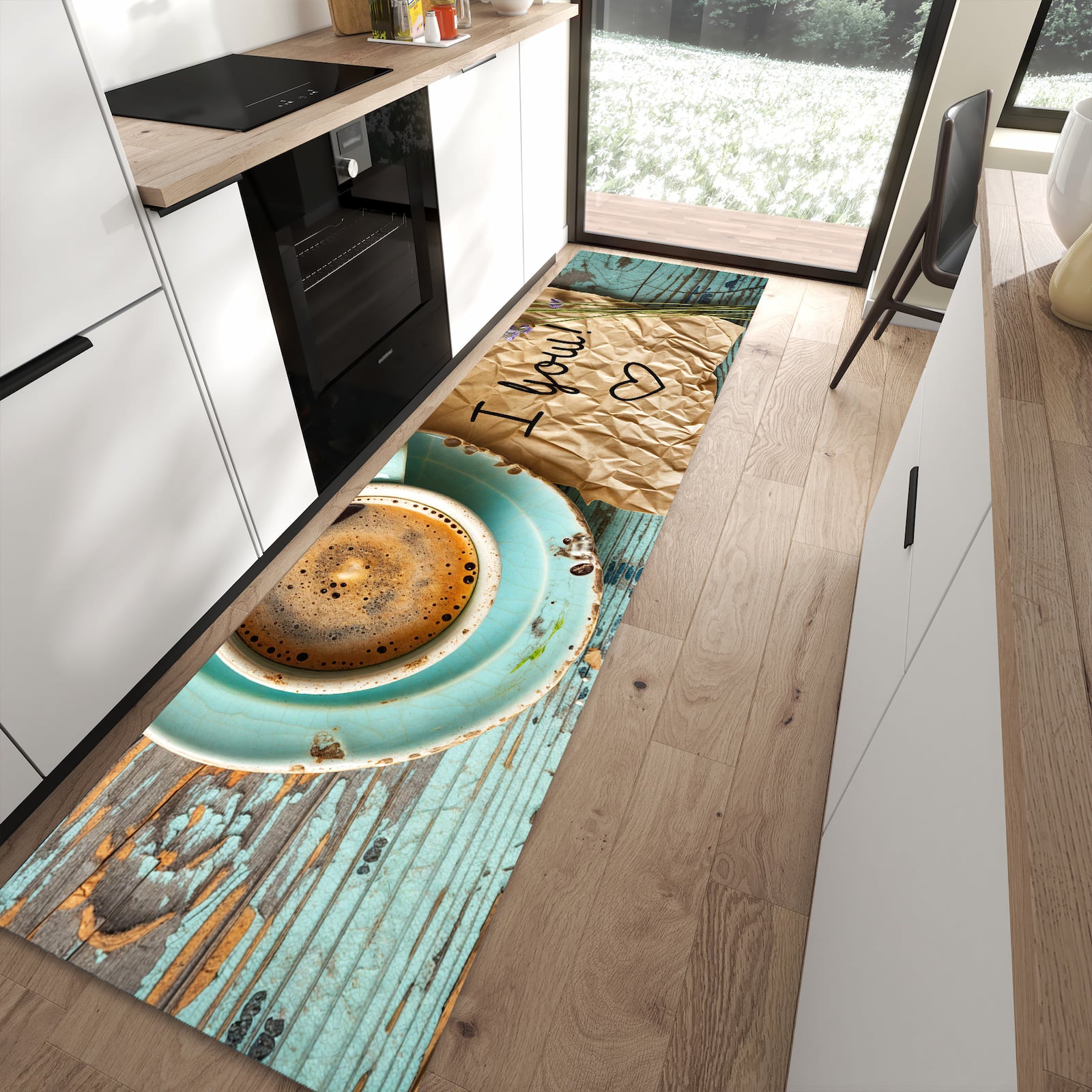 Pflegeleichter Küchenteppich mit Motiv Tasse und Lavendel in moderner Küche