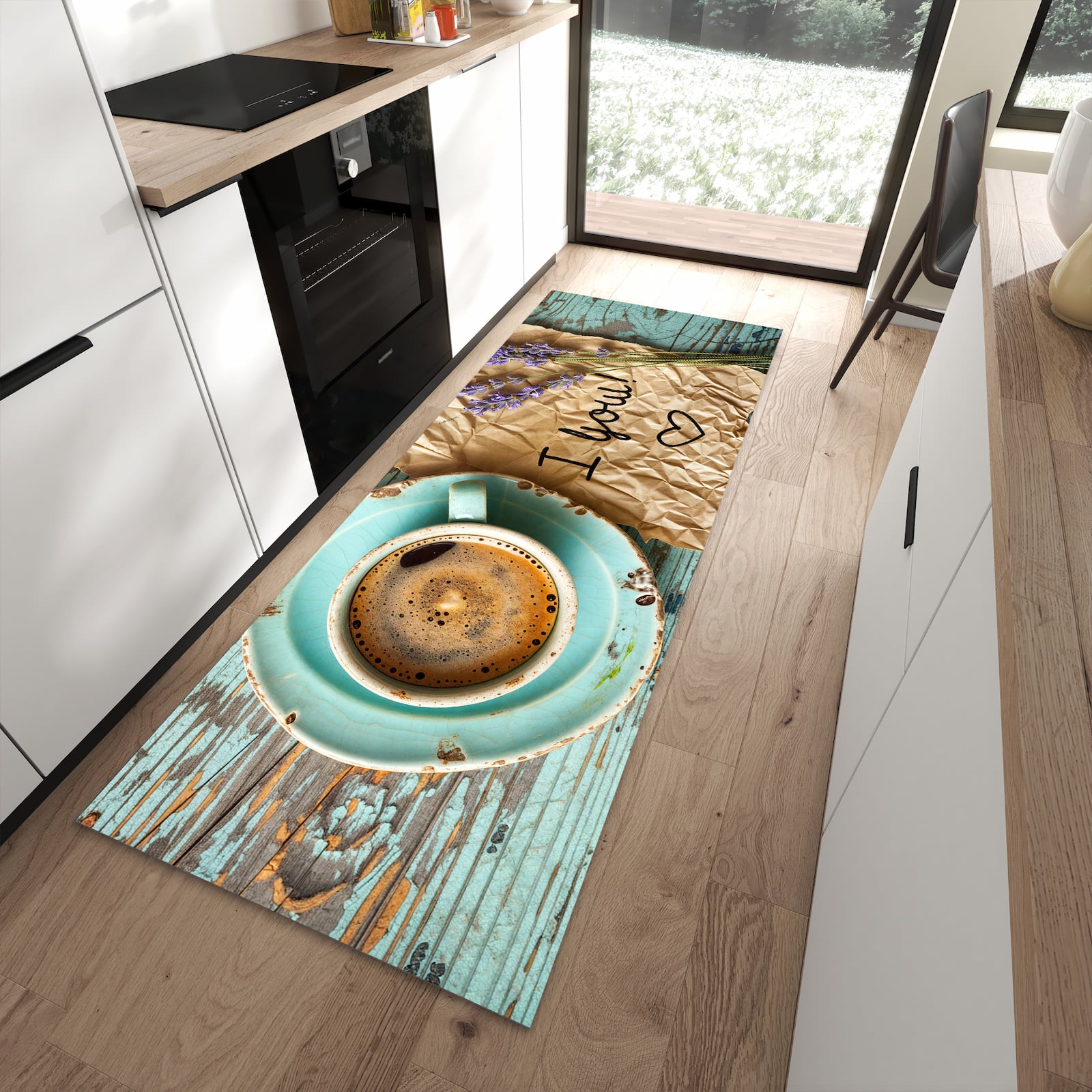 Rutschfester Küchenteppich mit Motiv Tasse und Lavendel in moderner Küche