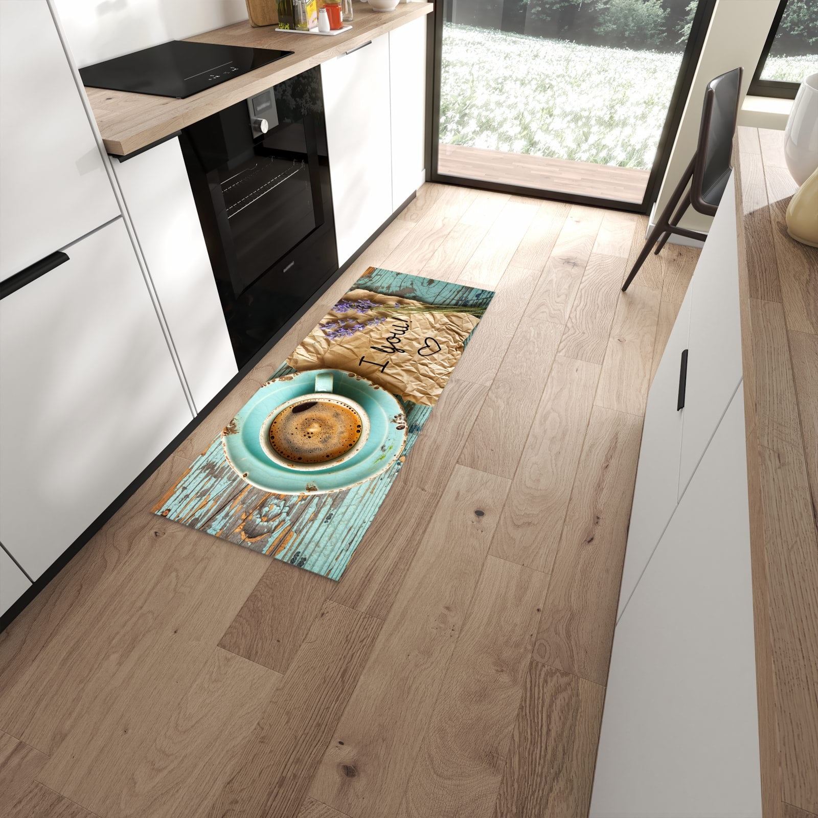 Abriebfester Küchenteppich mit Motiv Tasse und Lavendel in moderner Küche #grösse_60 x 150 cm