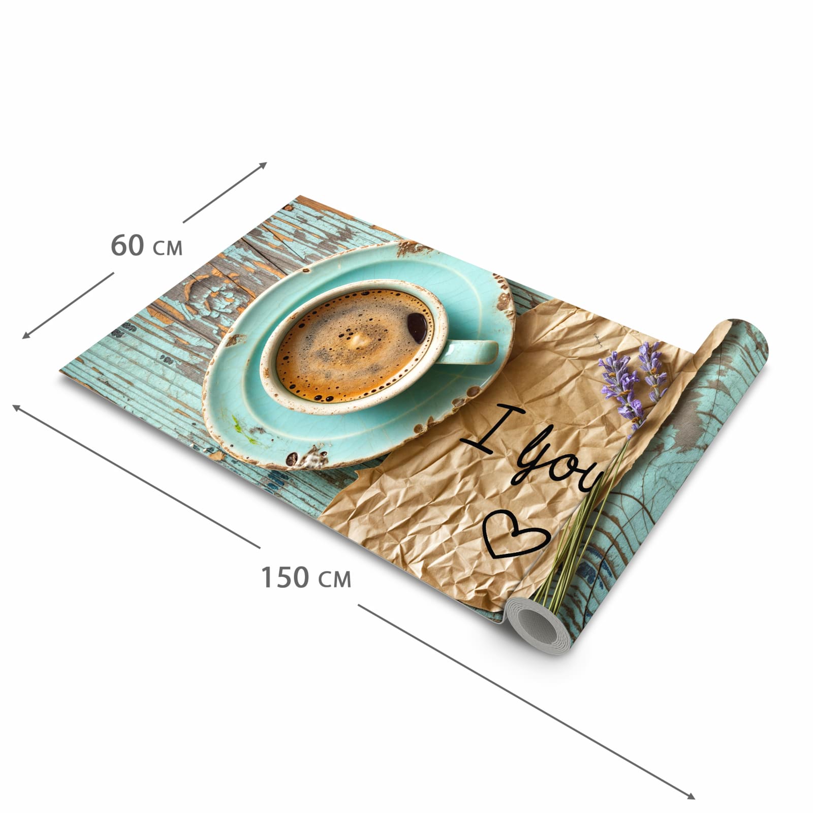 Geräuschdämpfender rutschfester Küchenteppich mit Motiv Tasse und Lavendel in der Grösse 80x280 cm