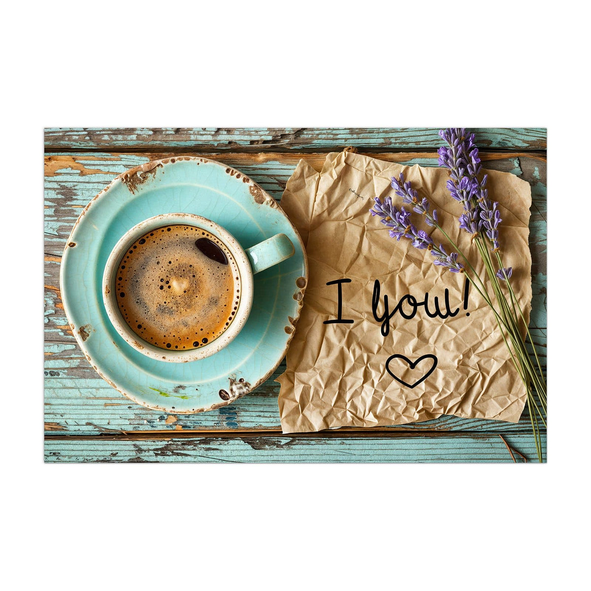 Küchenrückwand aus Glas Tasse und Lavendel im Hochformat, Motiv bildfüllend von vorn
