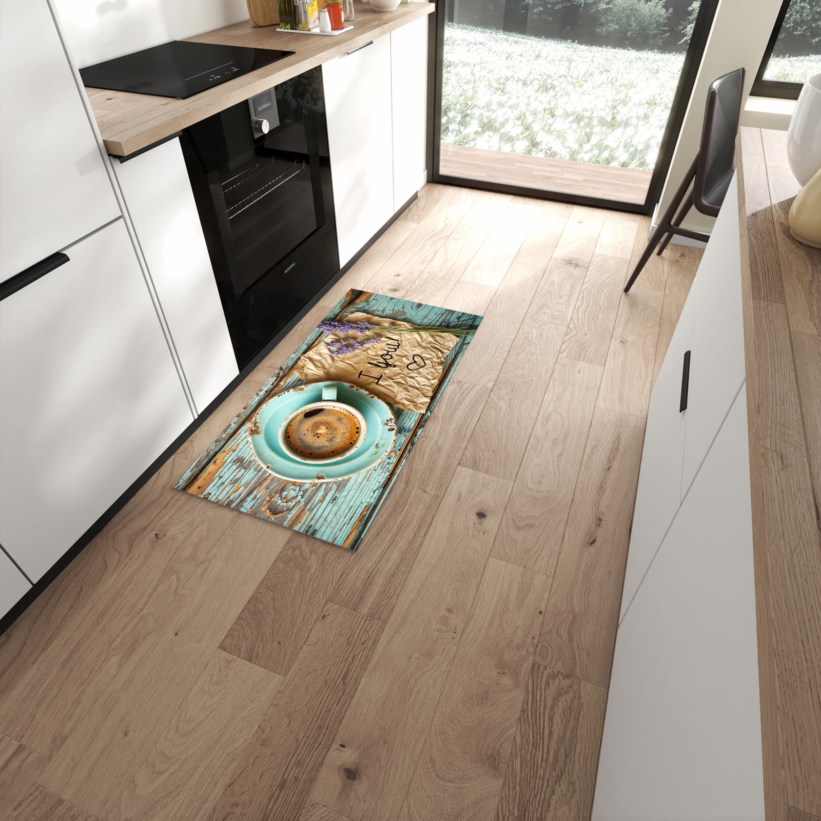 Geräuschdämpfender dünner Teppich mit Motiv Tasse und Lavendel in moderner Küche #grösse_60 x 120 cm