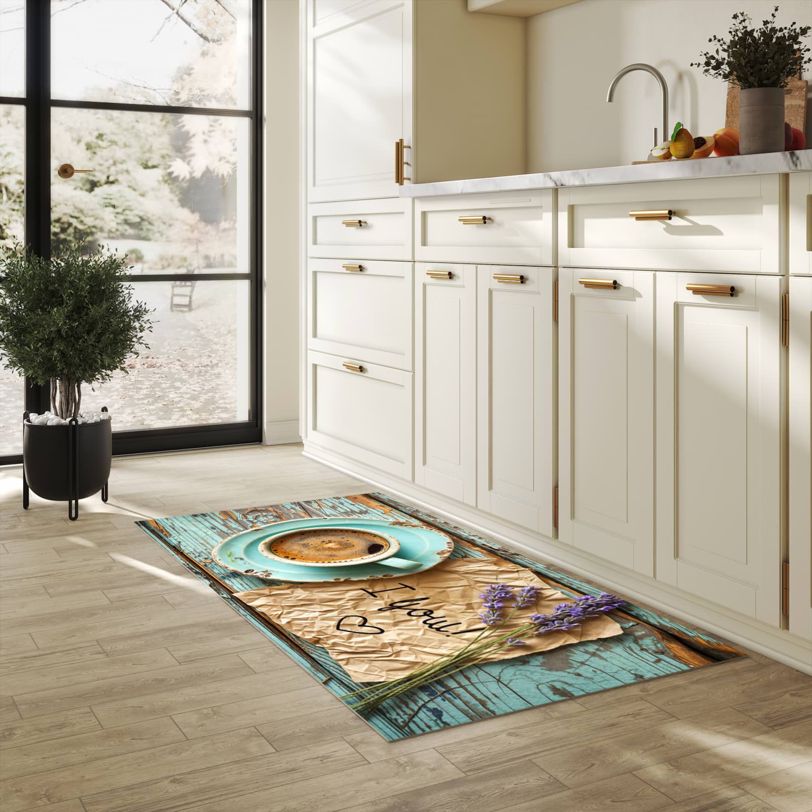Fleckenresistenter waschbarer Läufer mit Motiv Tasse und Lavendel in heller Küche