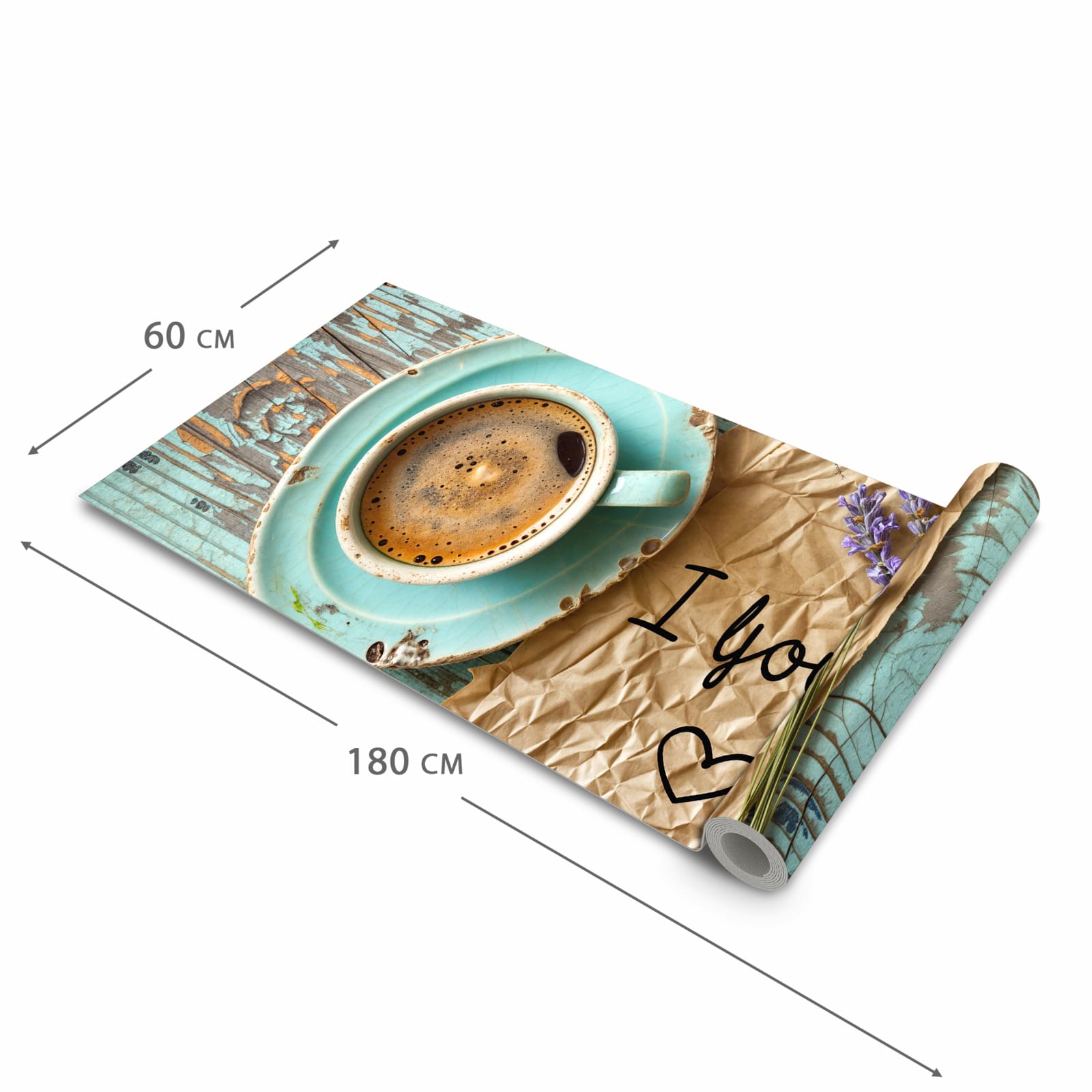 Abriebfester Küchenteppich mit Motiv Tasse und Lavendel in der Grösse 80x280 cm