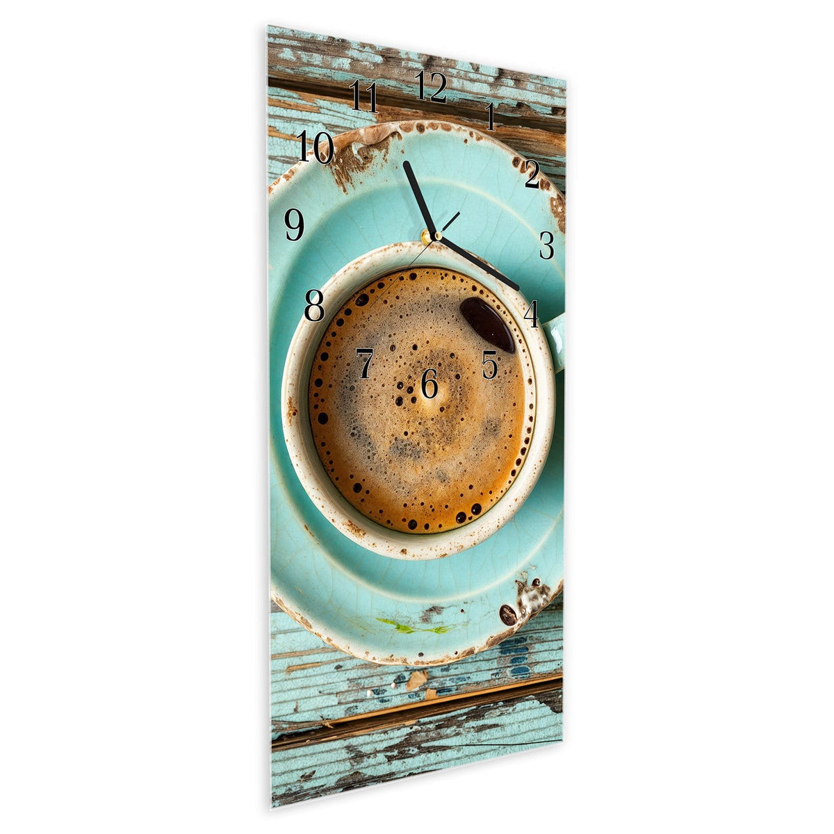 Vormontiert – mit Schwebeeffekt – Wanduhr Tasse und Lavendel aus Glas – Hochformat 30 × 60 cm
