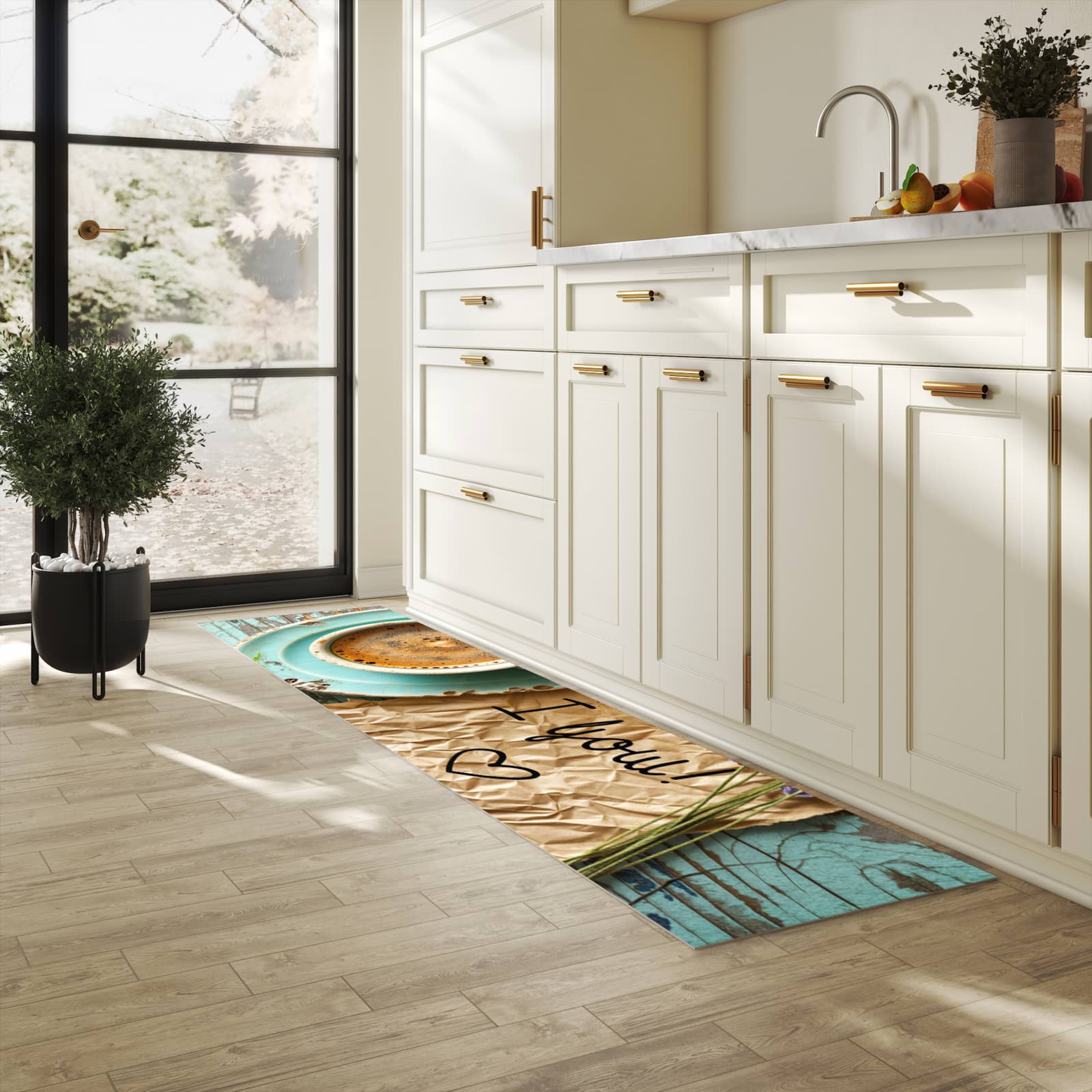 Küchenteppich mit Motiv Tasse und Lavendel in heller Küche für sicheres Aufbewahren