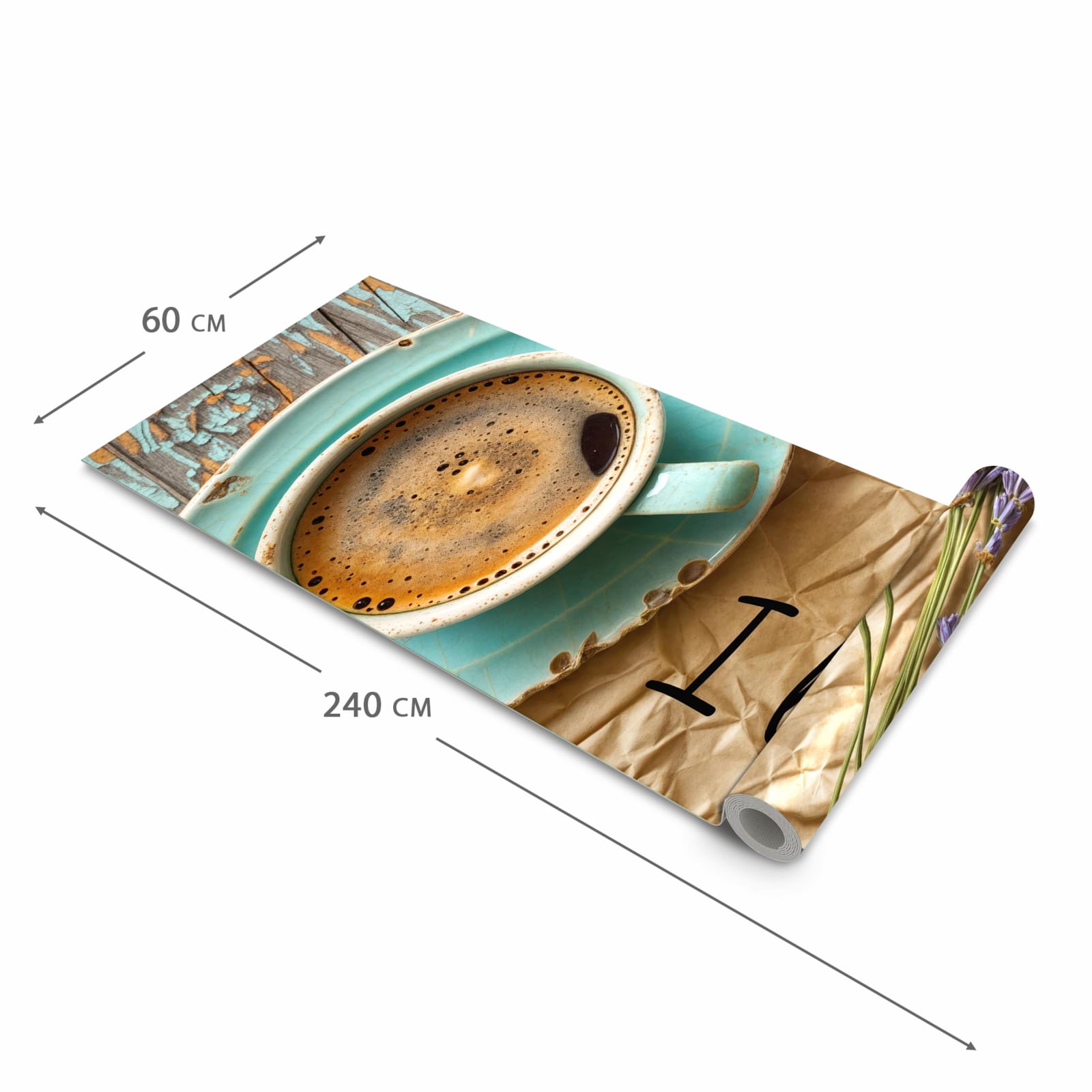 UV-beständiger Küchenläufer mit Motiv Tasse und Lavendel in der Grösse 80x280 cm