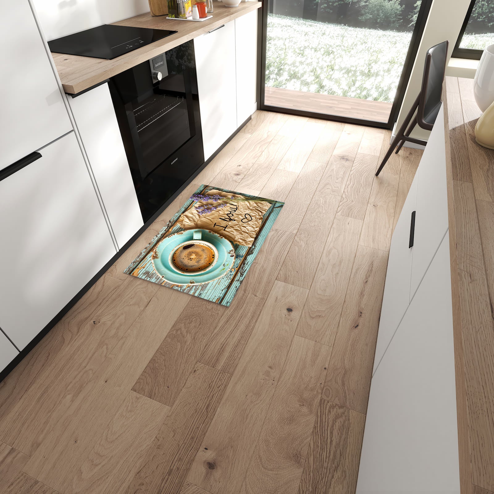 Schmutzabweisender Bodenläufer mit Motiv Tasse und Lavendel in moderner Küche