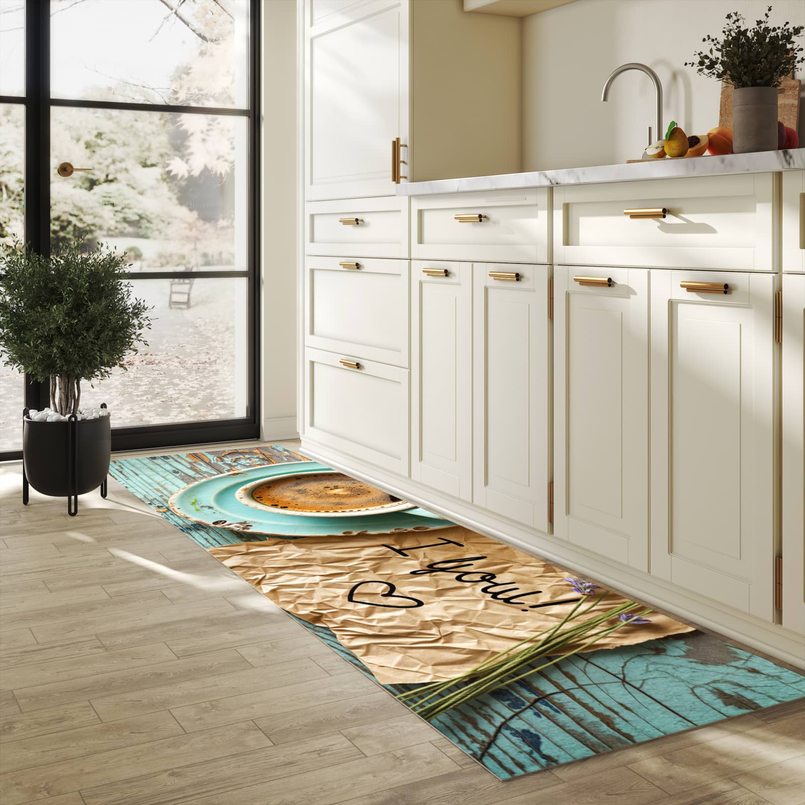 Wasserabweisender Teppichläufer mit Motiv Tasse und Lavendel in heller Küche