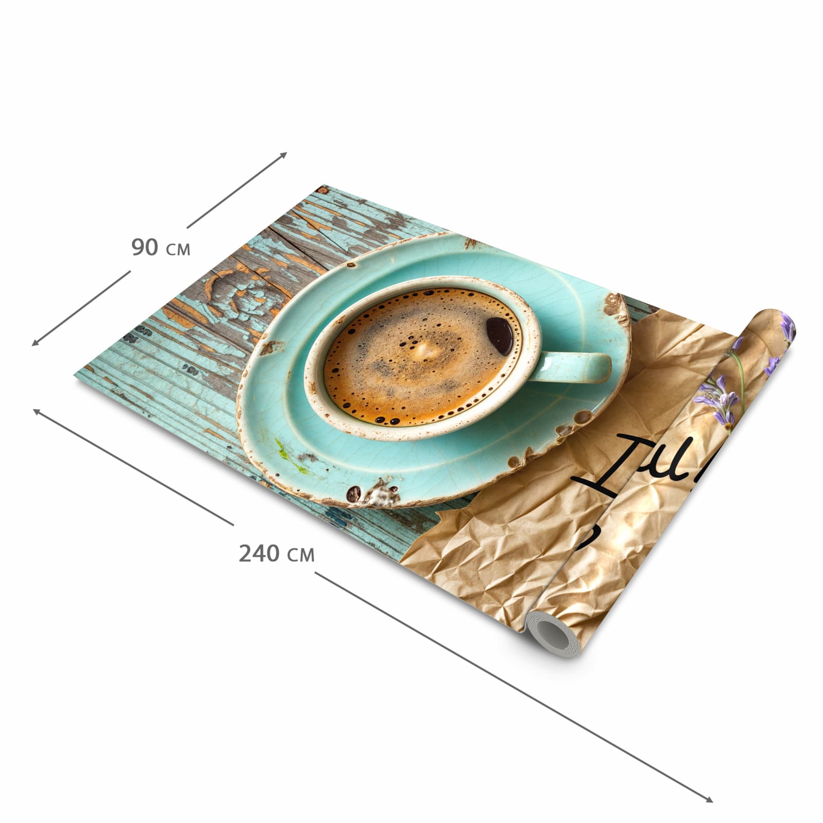 Komfortabler Küchenläufer nach Maß mit Motiv Tasse und Lavendel in der Größe 80x280 cm