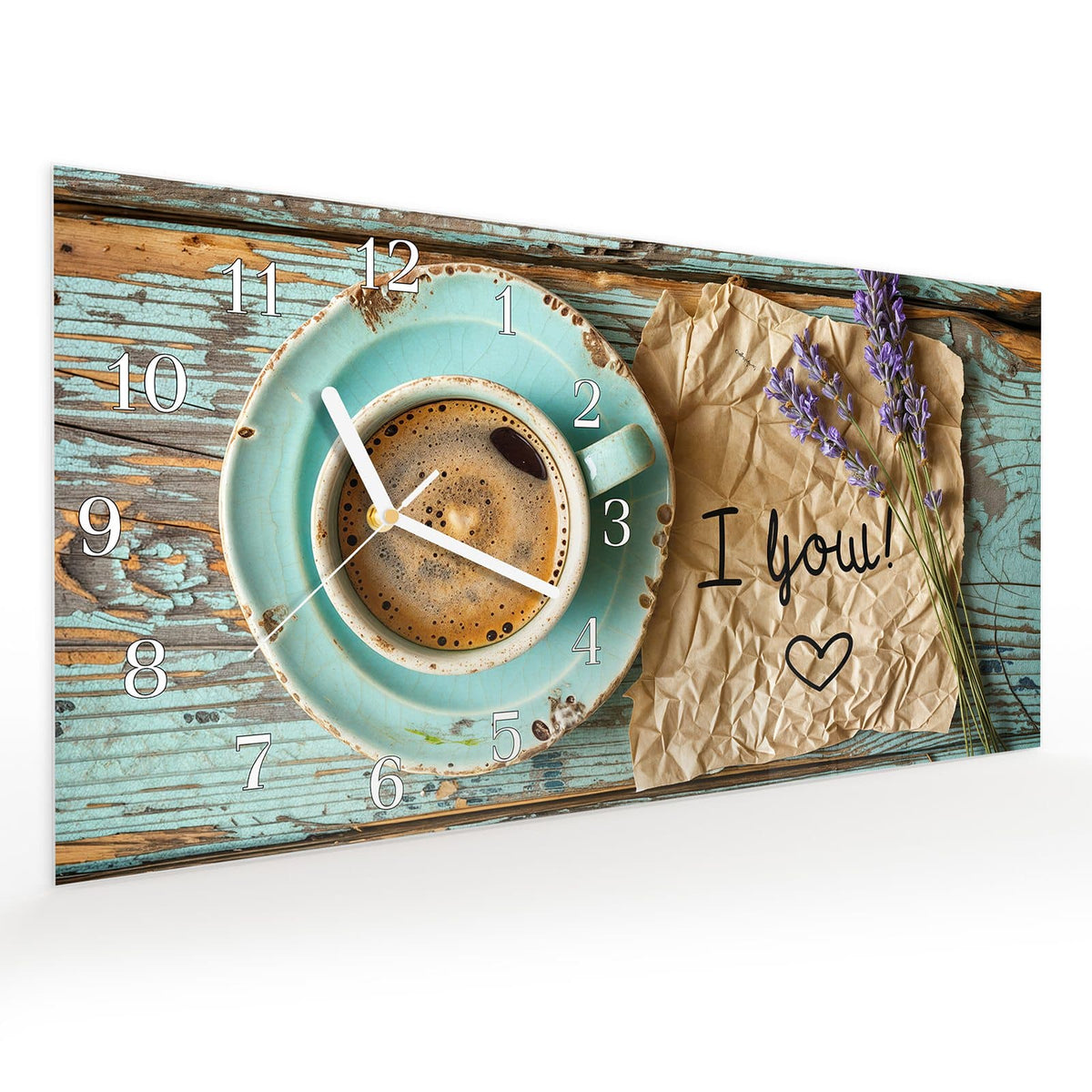 Vormontiert – mit Schwebeeffekt – Wanduhr Tasse und Lavendel aus Glas – Querformat 60 × 30 cm