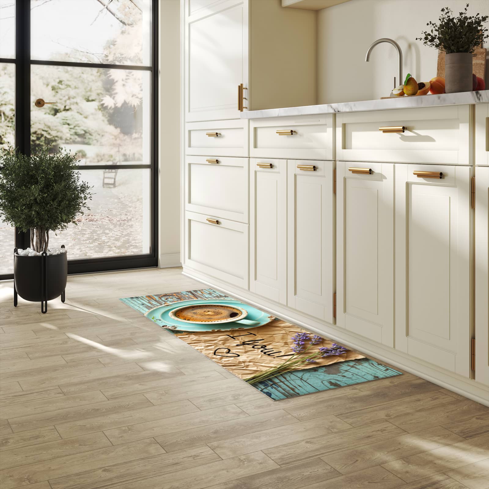 Farbbeständiger Läufer für die Küche mit Motiv Tasse und Lavendel in heller Küche