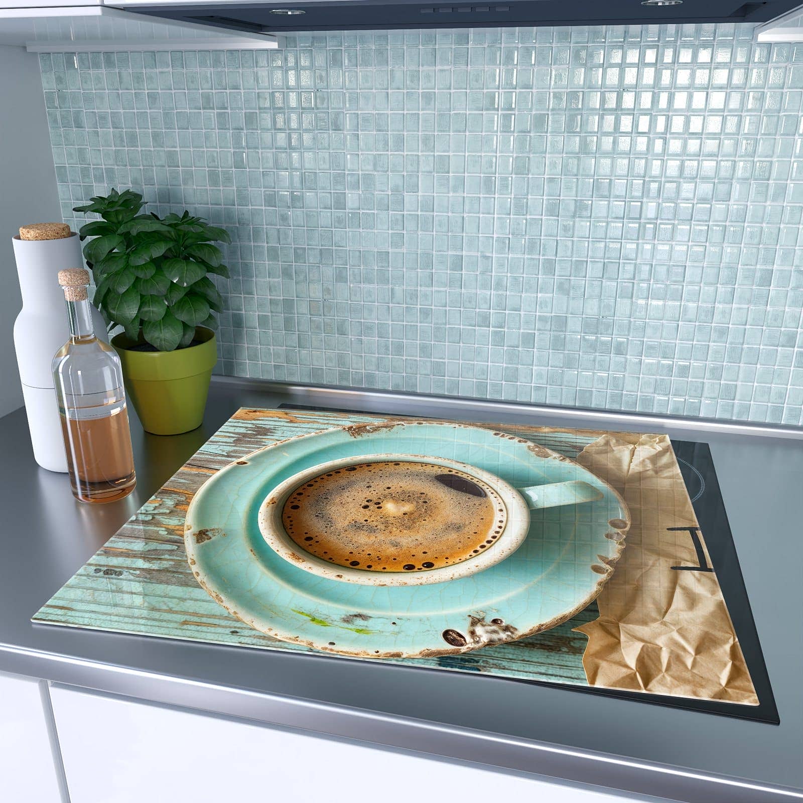 1-teilige Herdabdeckplatten aus Glas mit Tasse und Lavendel-Motiv auf dem Ceranfeld