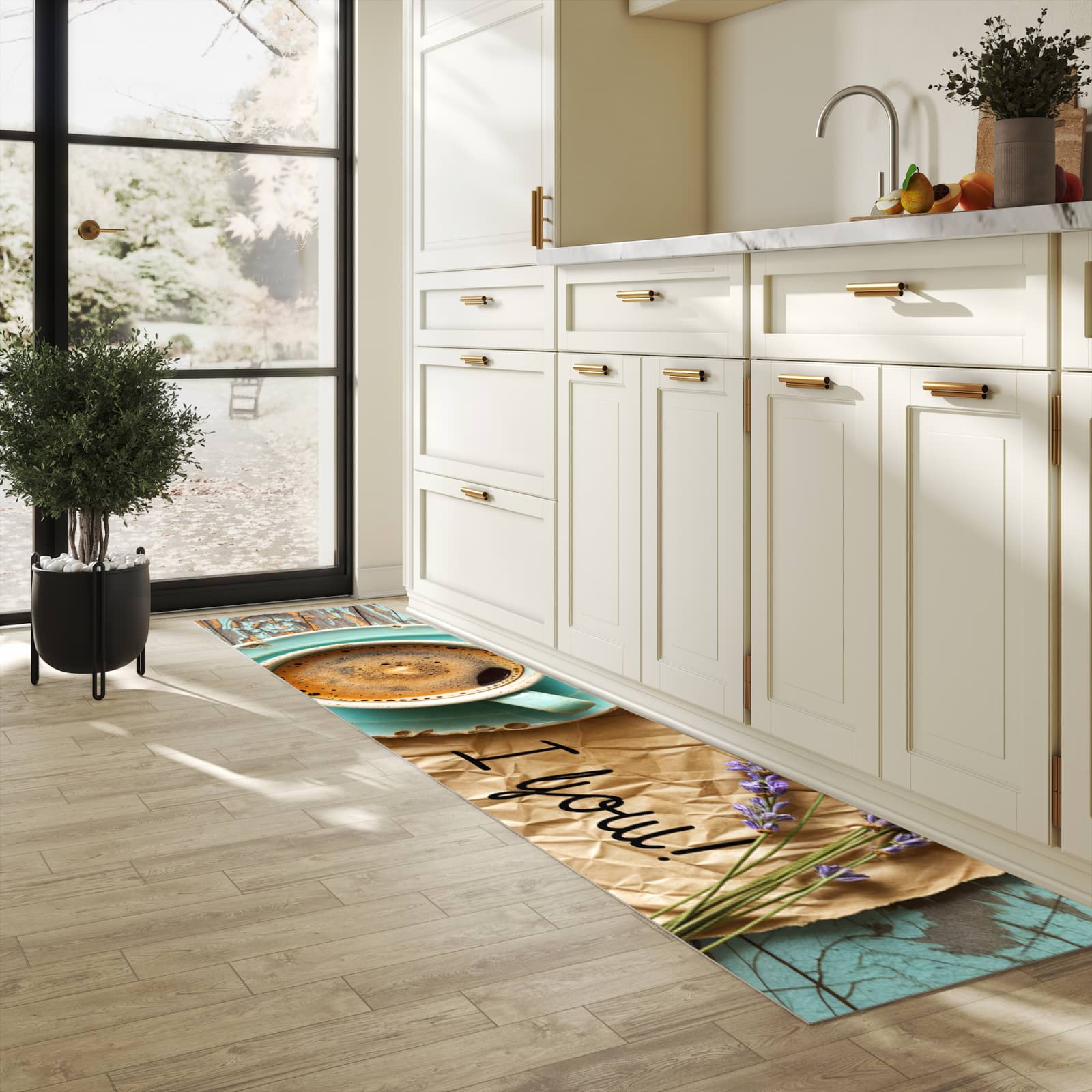 Zeitsparender Küchenteppich mit Motiv Tasse und Lavendel in heller Küche