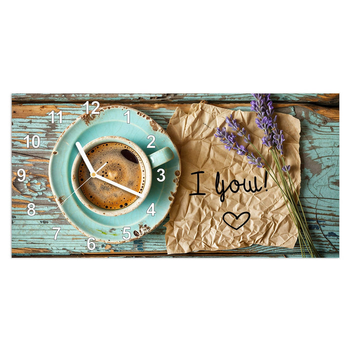 Wanduhr Tasse und Lavendel aus Glas – Querformat 60 × 30 cm mit Ziffernblatt Modern