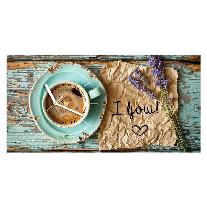 Wanduhr Tasse und Lavendel aus Glas – Querformat 60 × 30 cm mit Ziffernblatt Linie