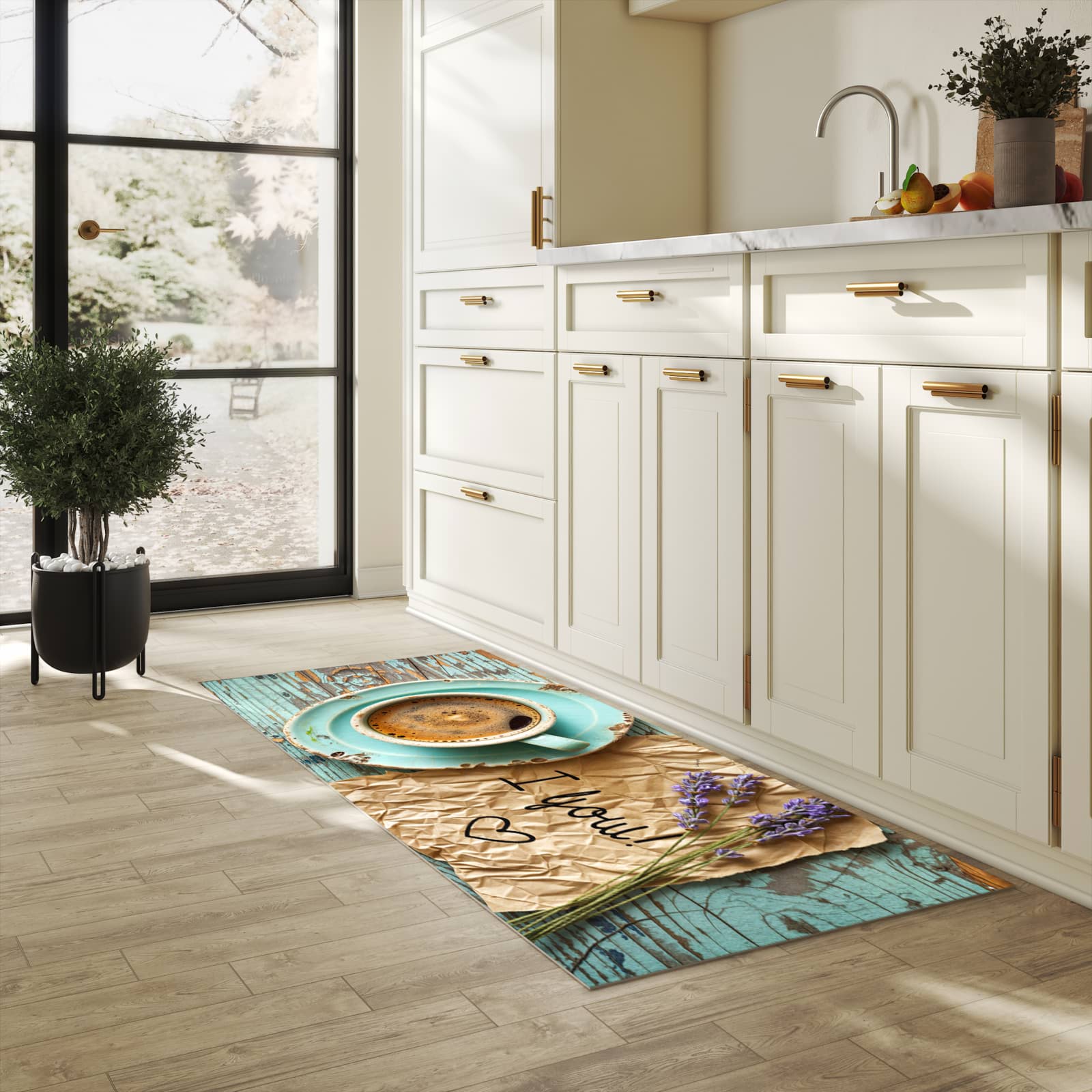 Abriebfester waschbarer Teppich Küche mit Motiv Tasse und Lavendel in heller Küche