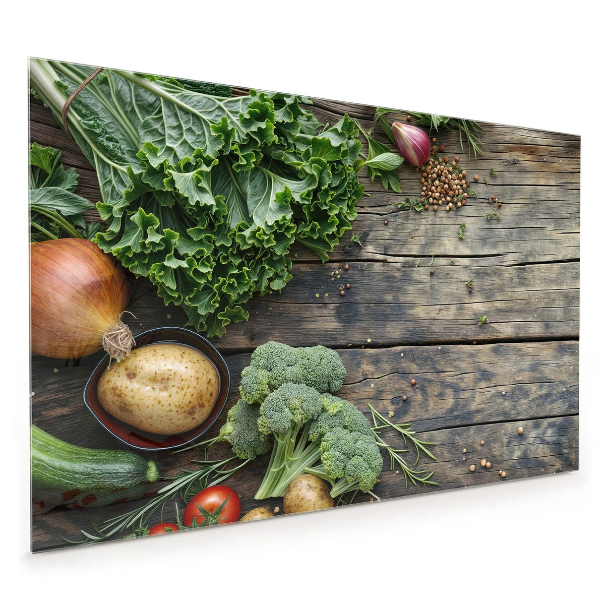 Küchenrückwand aus Glas im Hochformat: Draufsicht auf Holz: Grünkohl, Brokkoli, Kartoffeln, Zwiebel, Zucchini, Tomaten, Knoblauch und Kräuter. #grösse_80 x 120 cm #grösse_40 x 60 cm #grösse_50 x 75 cm #grösse_60 x 90 cm