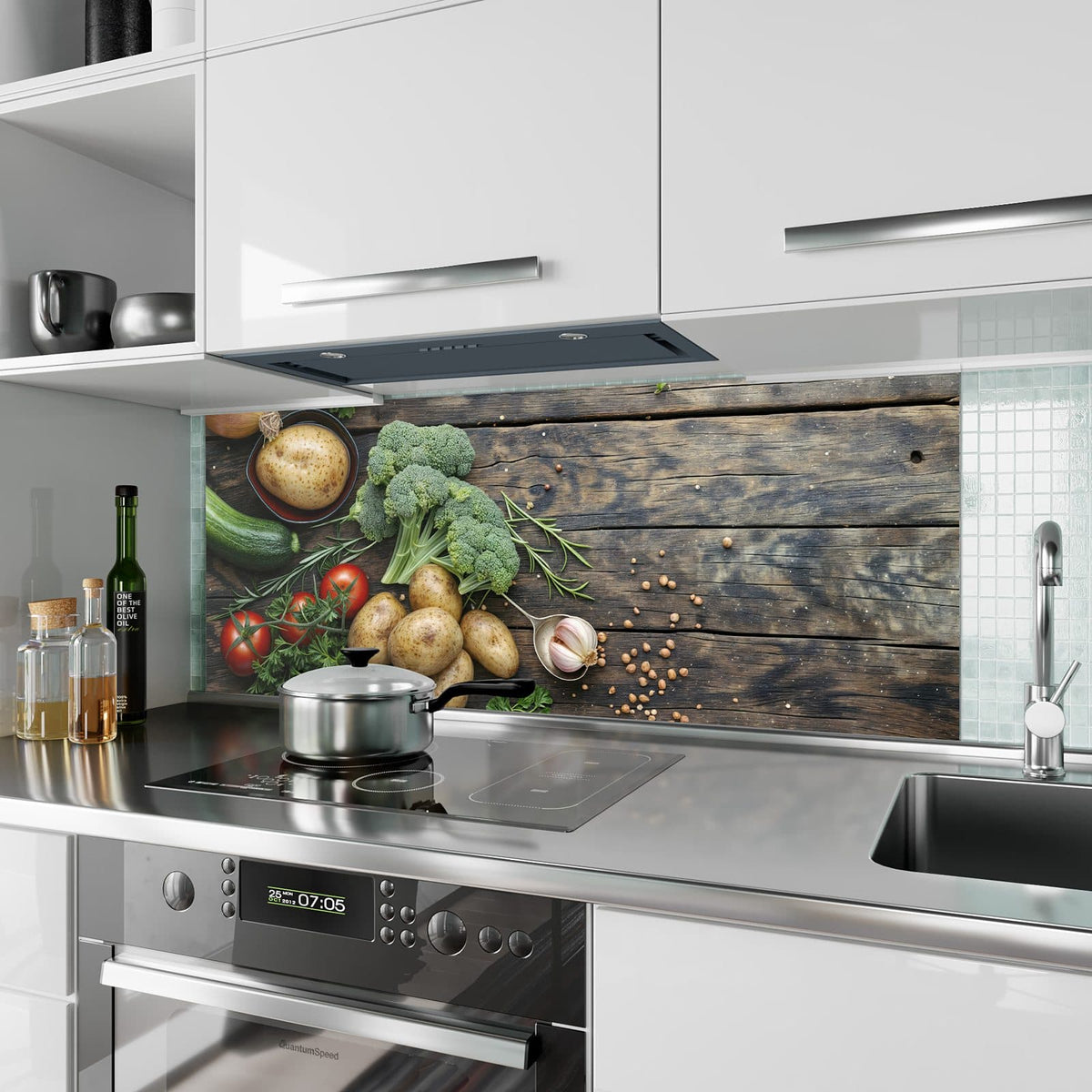 Küchenrückwand aus Glas Brokkoli und Grünkohl im Hochformat als Spritzschutz hinter dem Kochfeld, über dem Fliesenspiegel montiert