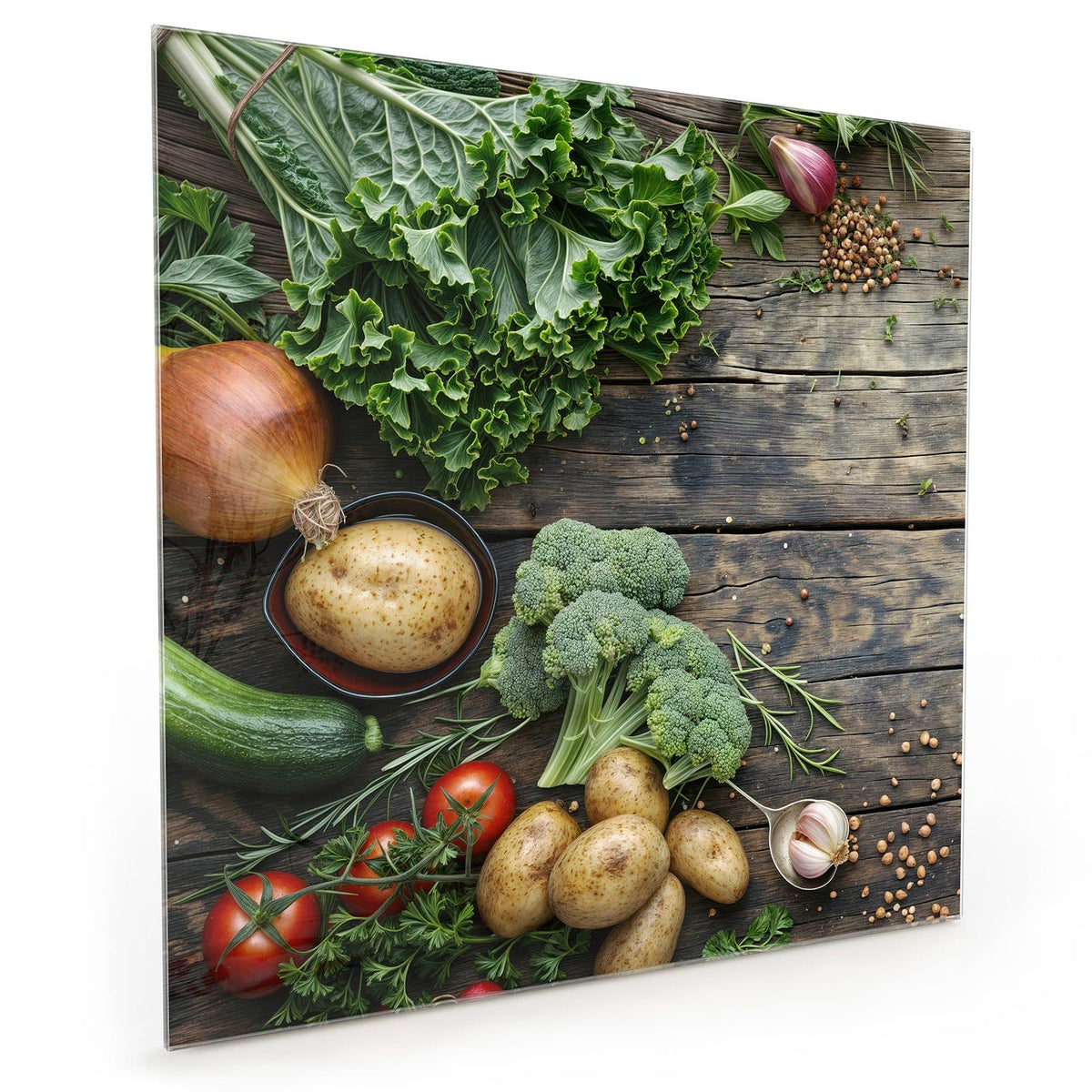 Küchenrückwand aus Glas im quadratischen Format: Draufsicht auf Holz: Grünkohl, Brokkoli, Kartoffeln, Zwiebel, Zucchini, Tomaten, Knoblauch und Kräuter.