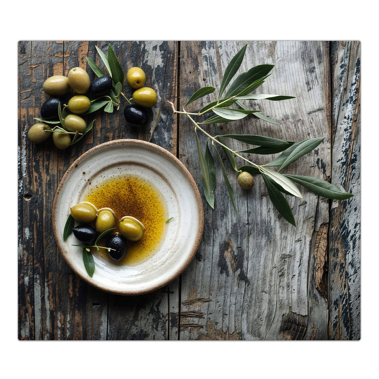 1-teilige Ceranfeld Abdeckplatten mit Oliven auf Teller-Motiv in der Frontansicht #grösse_1-Teilig (60x52cm)