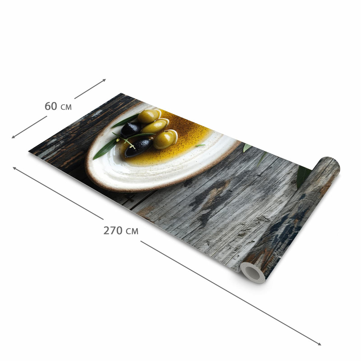 Fleckenresistenter Küchenläufer mit Motiv Oliven auf Teller in der Grösse 80x250 cm