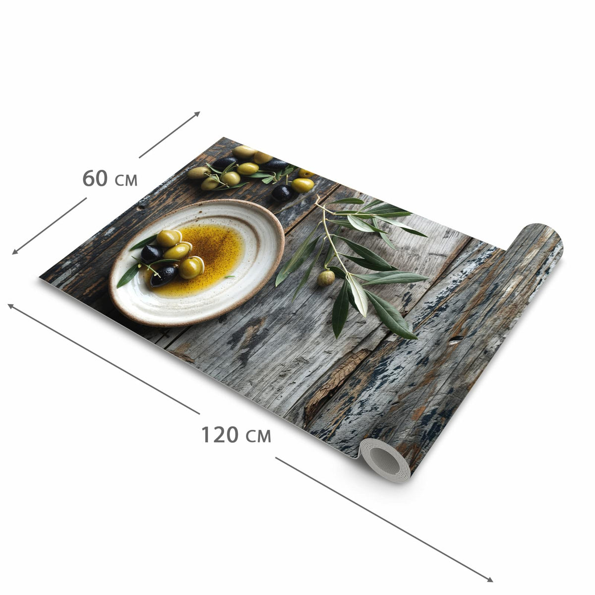 Abriebfester Küchenläufer mit Motiv Oliven auf Teller in der Grösse 80x250 cm