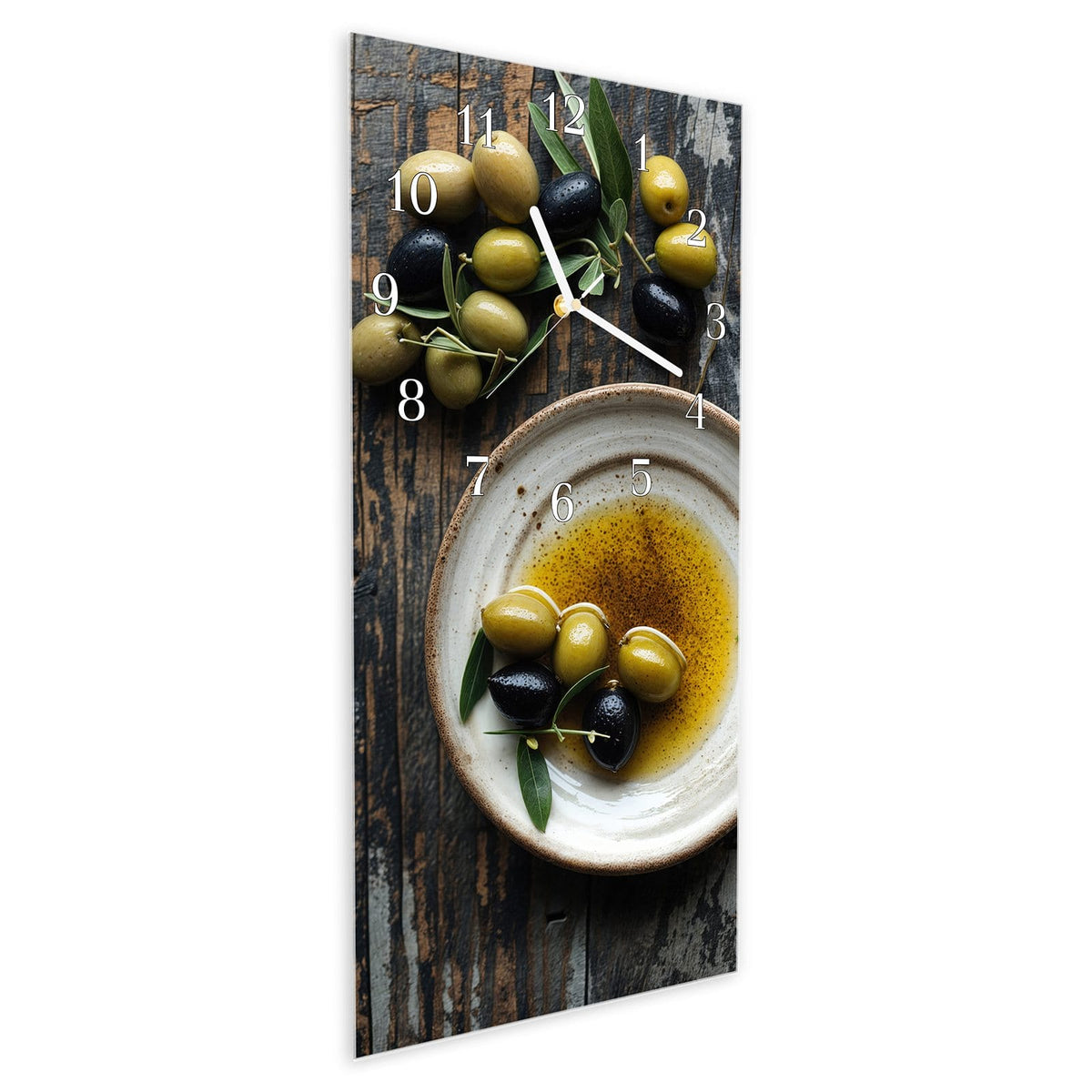 Vormontiert – mit Schwebeeffekt – Wanduhr Oliven auf Teller aus Glas – Hochformat 30 × 60 cm
