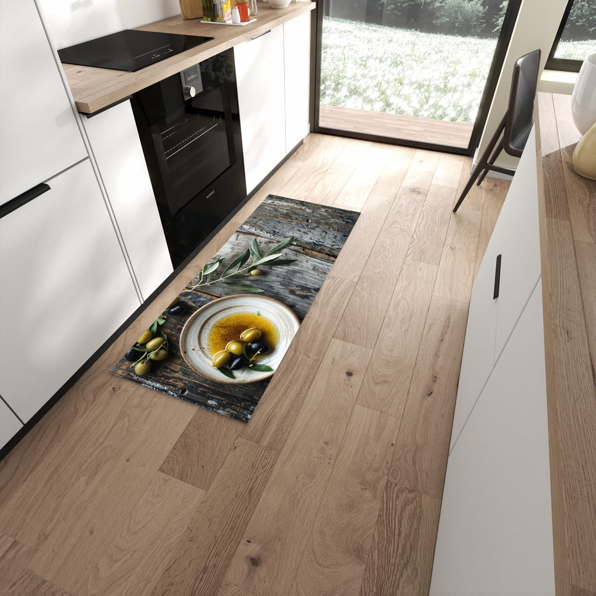 Komfortabler Küchenläufer mit Motiv Oliven auf Teller in moderner Küche #grösse_60 x 150 cm