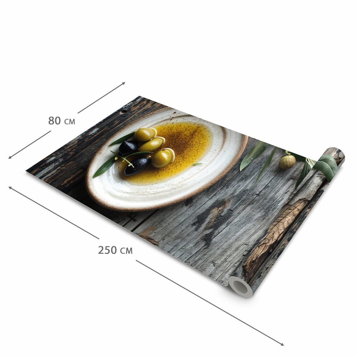 Flacher Küchenläufer mit Motiv Oliven auf Teller in der Grösse 80x250 cm für lange Flure