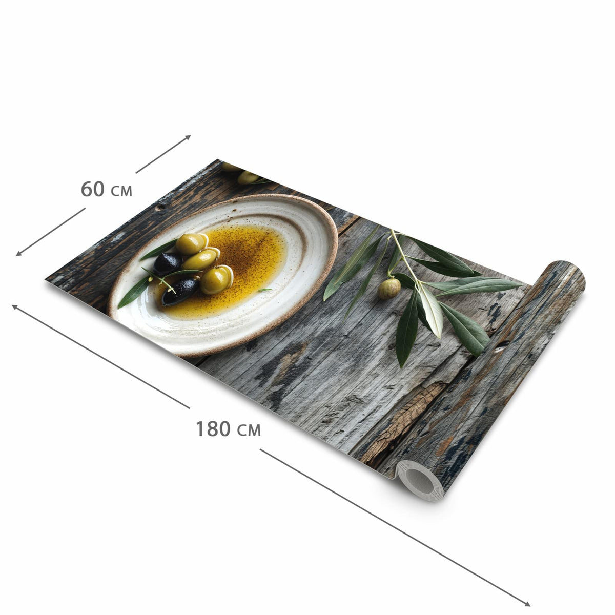 Waschbarer Küchenteppich mit Motiv Oliven auf Teller in der Größe 80x250 cm für Trittkomfort