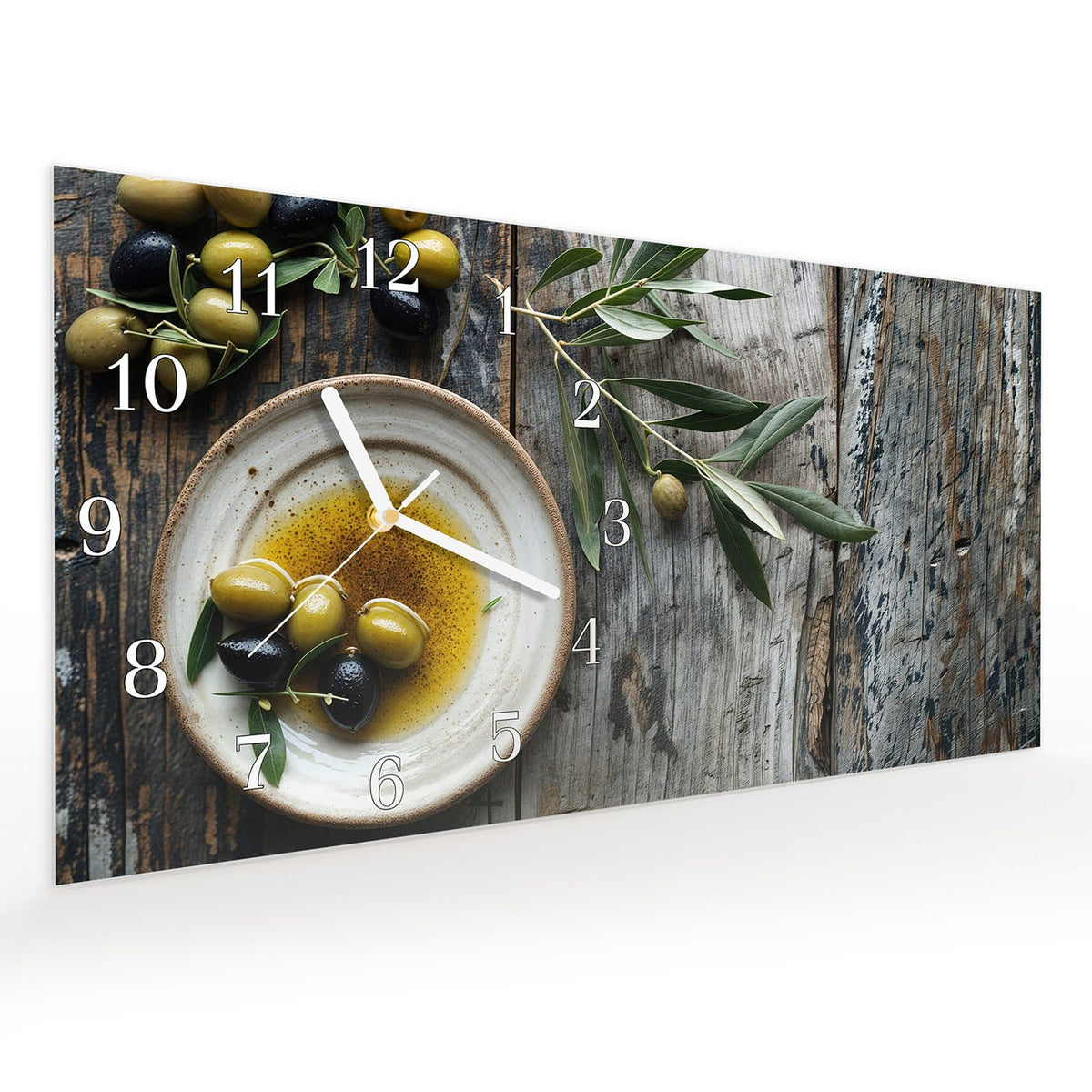 Vormontiert – mit Schwebeeffekt – Wanduhr Oliven auf Teller aus Glas – Querformat 60 × 30 cm