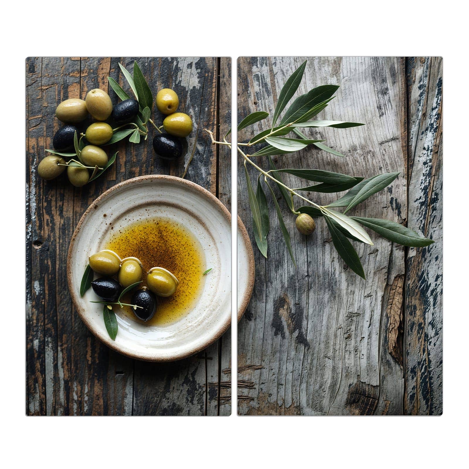 2-teilige Herdabdeckplatte mit Oliven auf Teller-Motiv in der Frontansicht #grösse_2-Teilig (60x52cm)