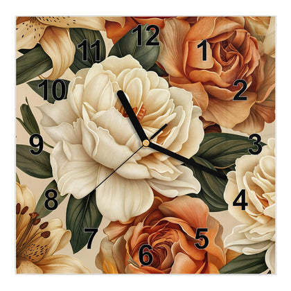 Wanduhr Quadratisch mit dem Motiv Rosen in Terrakotta