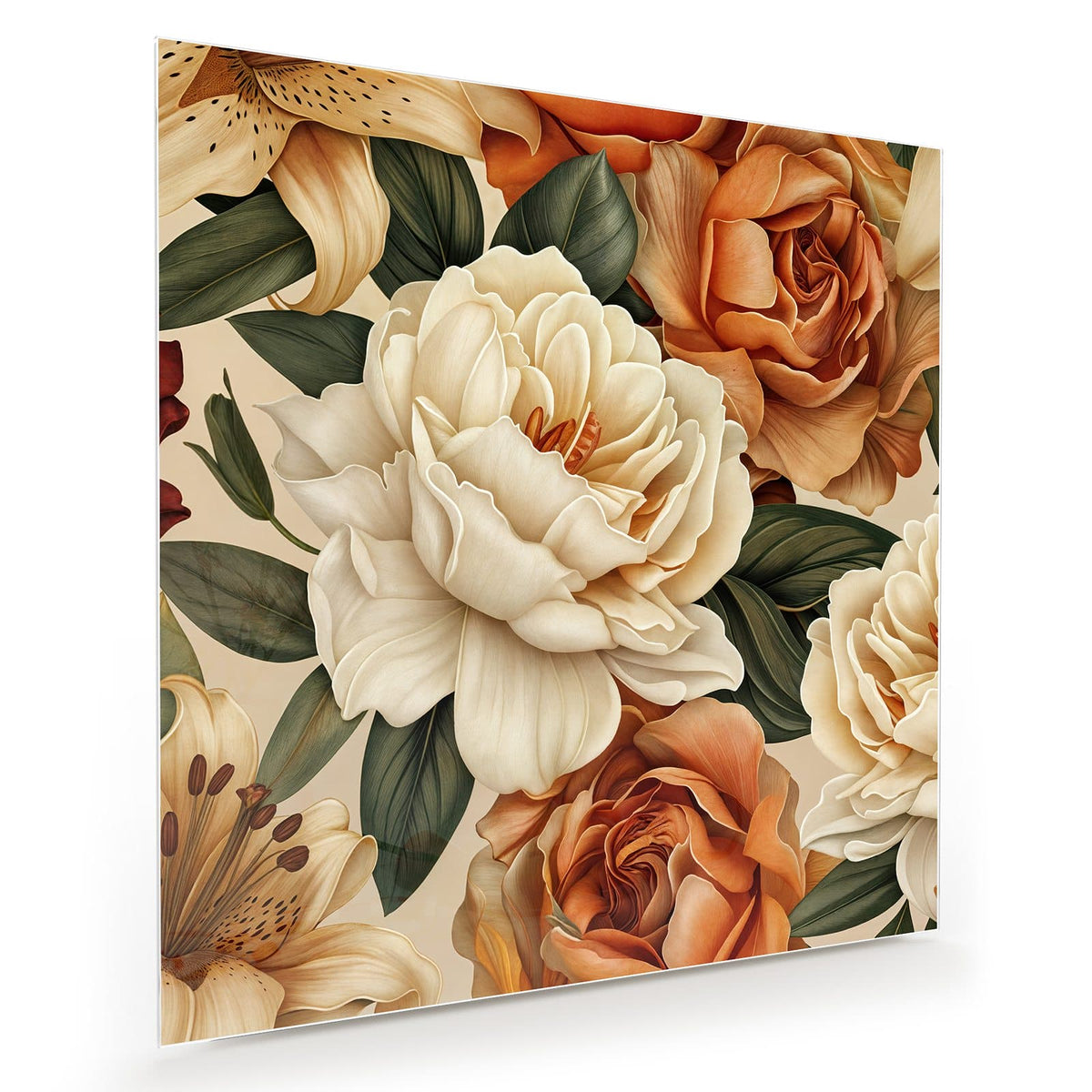 Illustriertes Blütenmuster aus cremeweißen Rosen, rostorangen Rosen und Lilien auf Beige